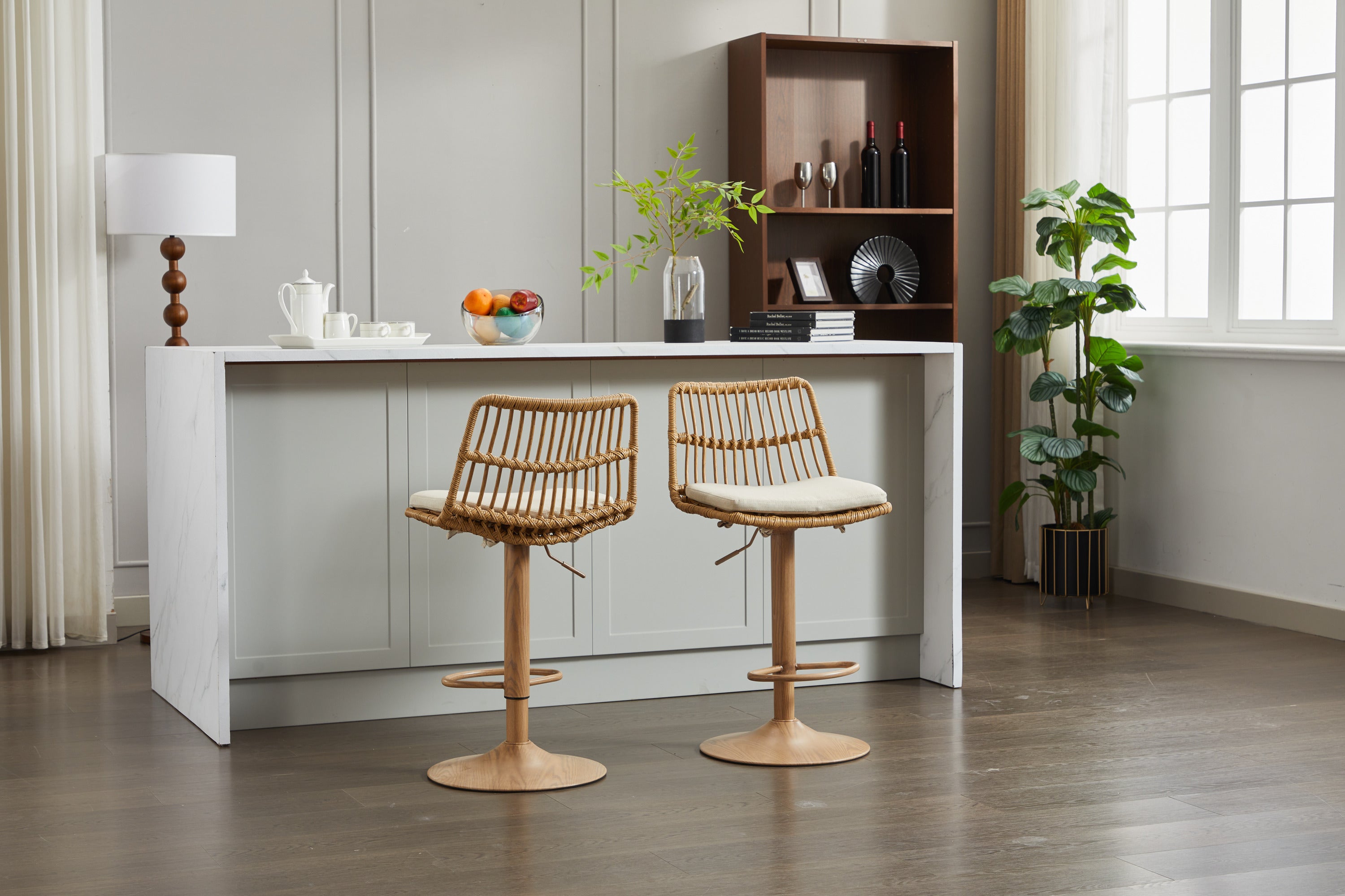 Swivel Bar Stool with Wicker Design and Footrest, Set of 2