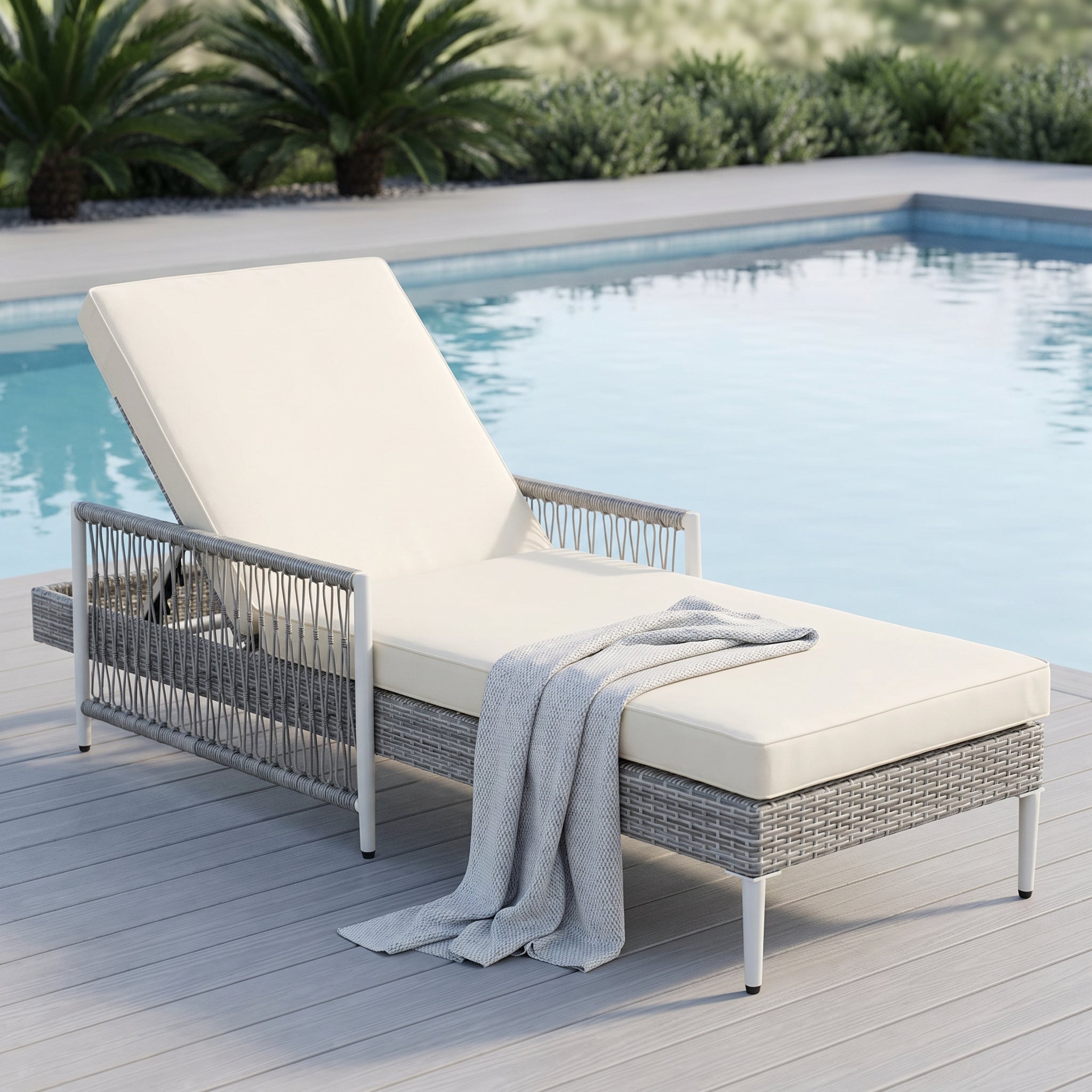 TOPMAX Outdoor All-Weather PE Rattan Chaise Lounge, Minimalist Patio Wicker Lounge Chair with 6 Gear Adjustable Recliner, Arms and Cushion for Poolside, Deck, Grey