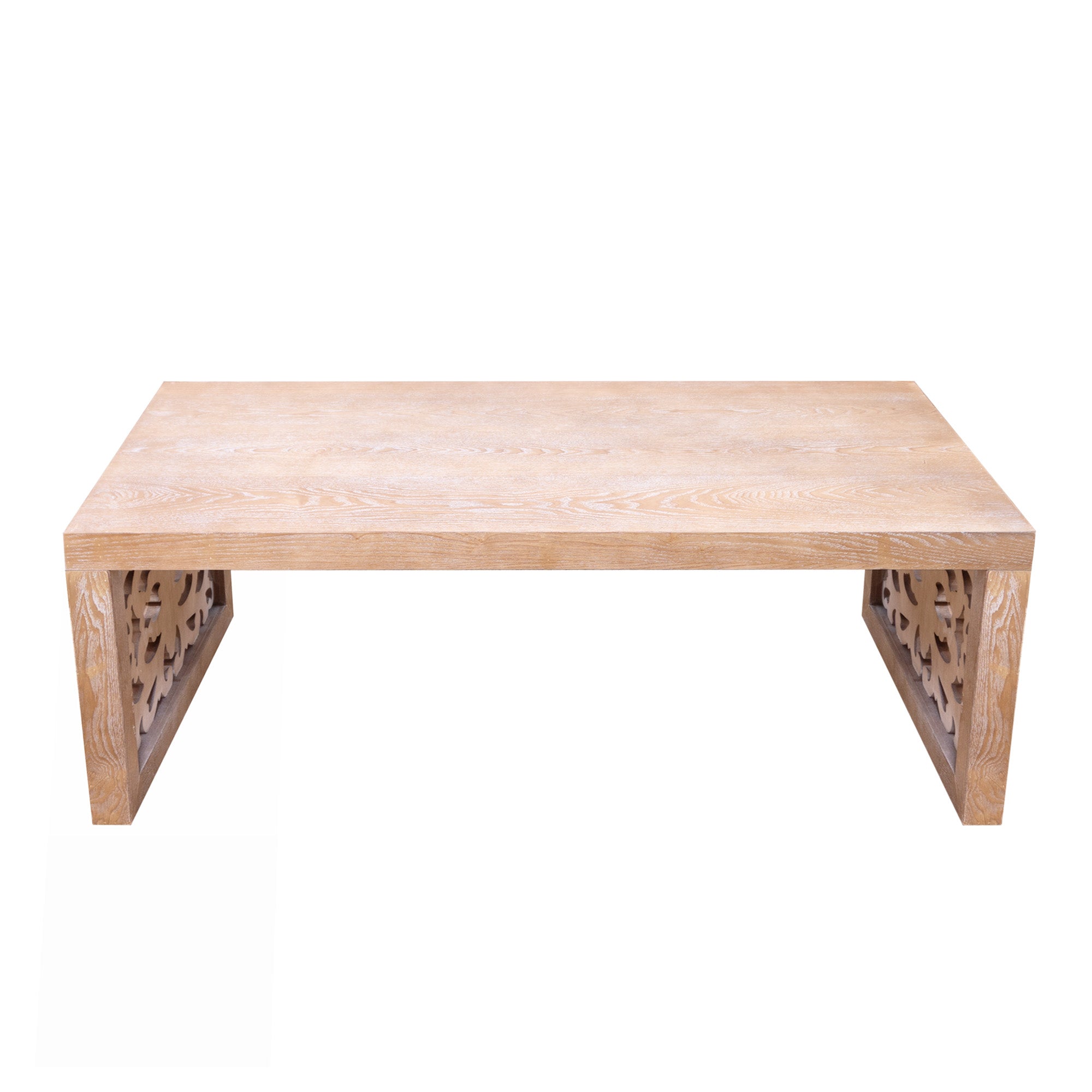 Handcrafted Rustic Wood Coffee Table with Ornate Side Panels