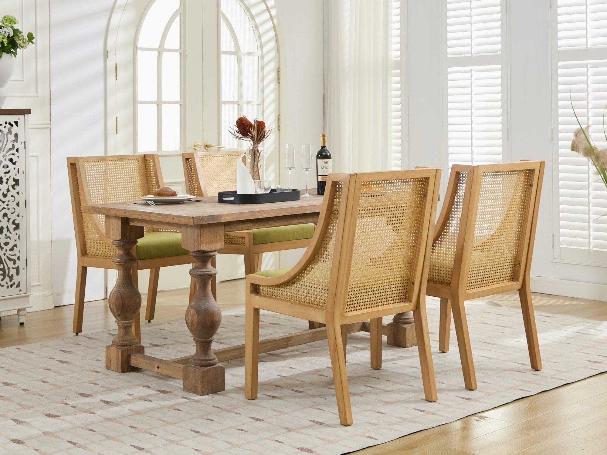 Linen Upholstered Rattan Dining Chair with Decorative Armrests