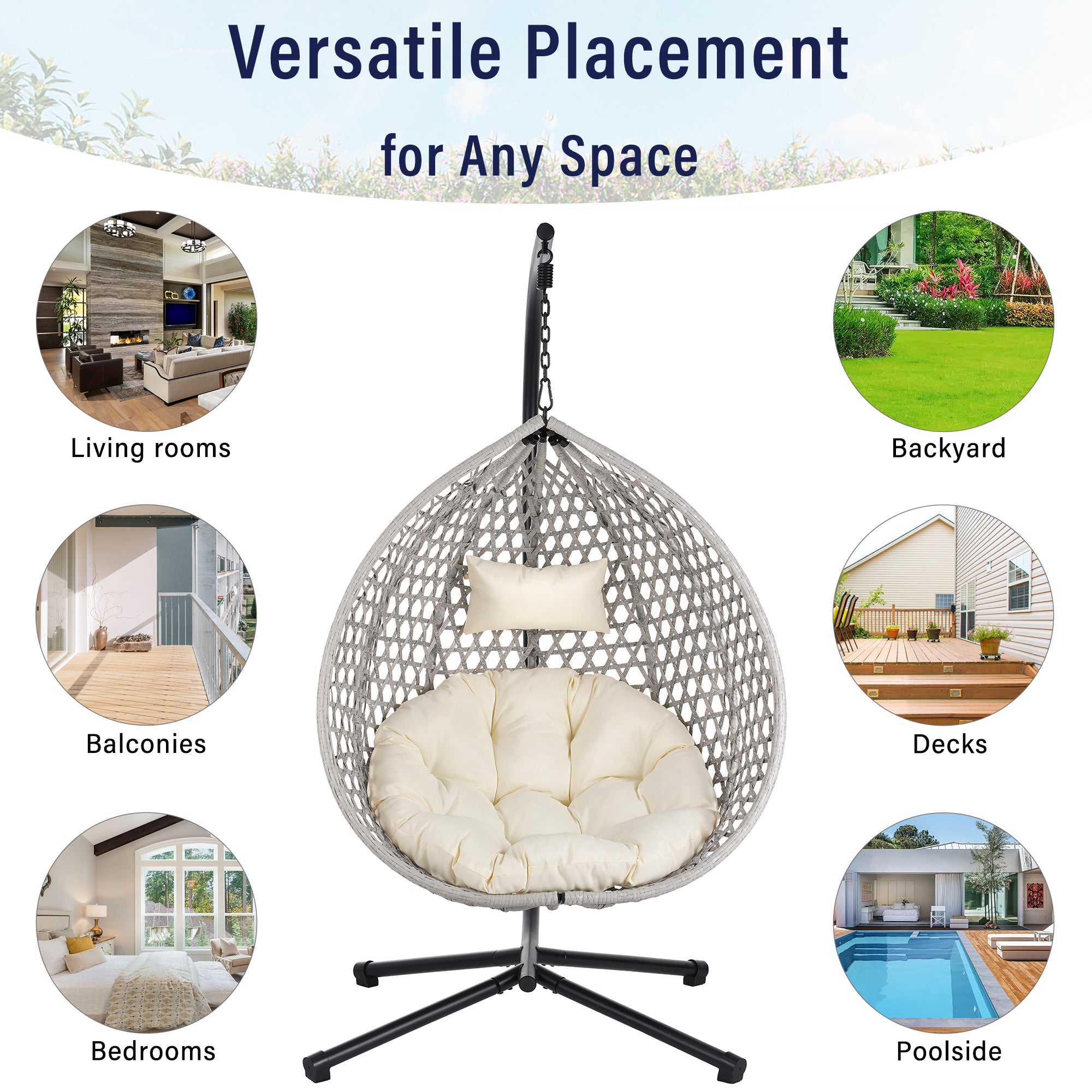 Hanging Swinging Egg Chair with Rattan Weaving, Base Included