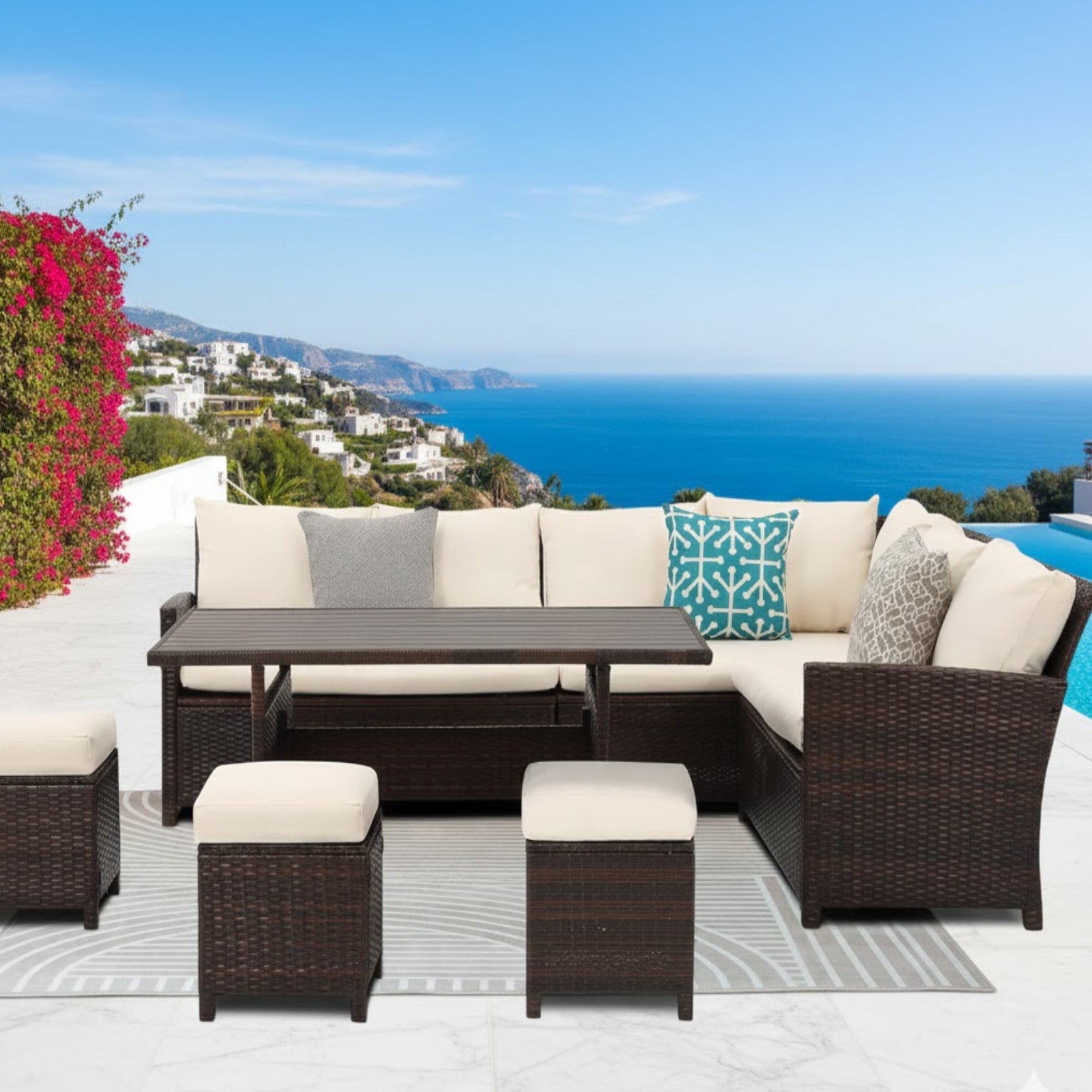 7-Piece All-Weather Wicker Patio Dining Set with Blue Cushions