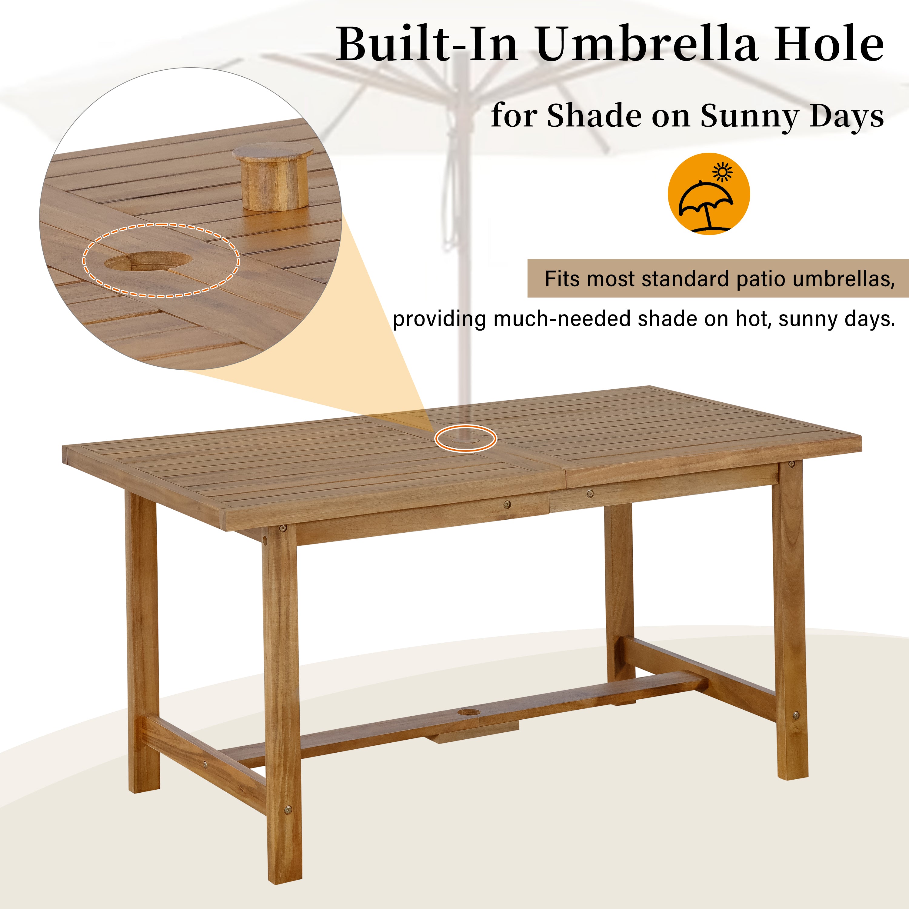 5-Piece Outdoor Acacia Wood Outdoor Dining Set, 59.06-Inch Rectangular Table with Umbrella Hole