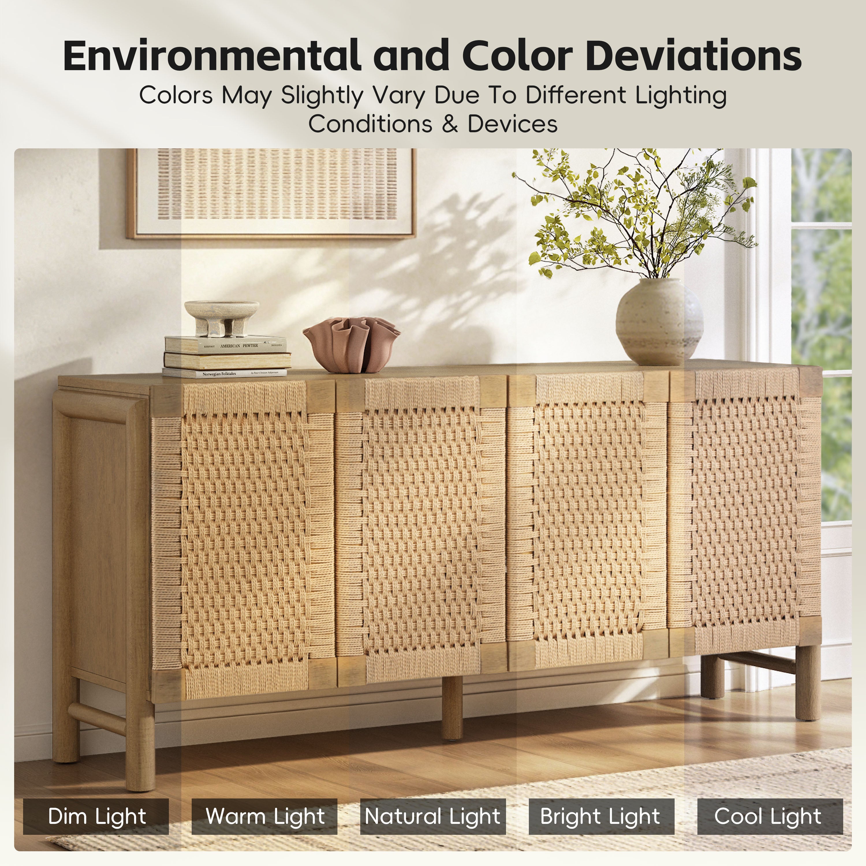 Natural Farmhouse Cabinet with Handwoven Paper Rope Doors, Solid Wood Legs and Natural Finish, for Hallway, Entryway or Living Room