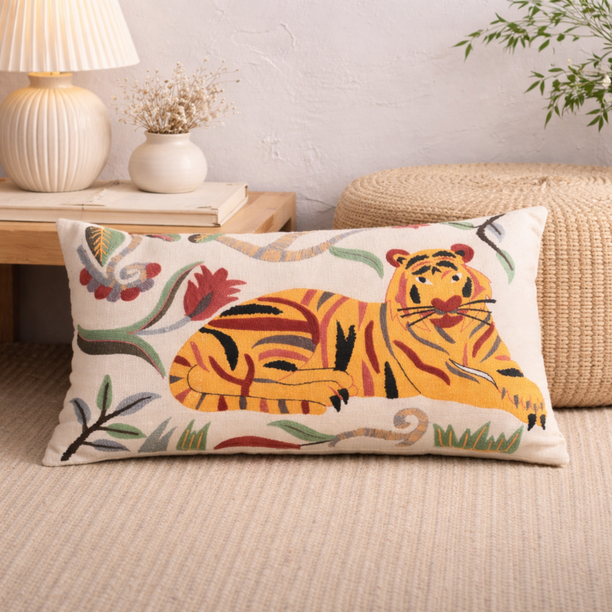 Floral Safari Tiger Pillow