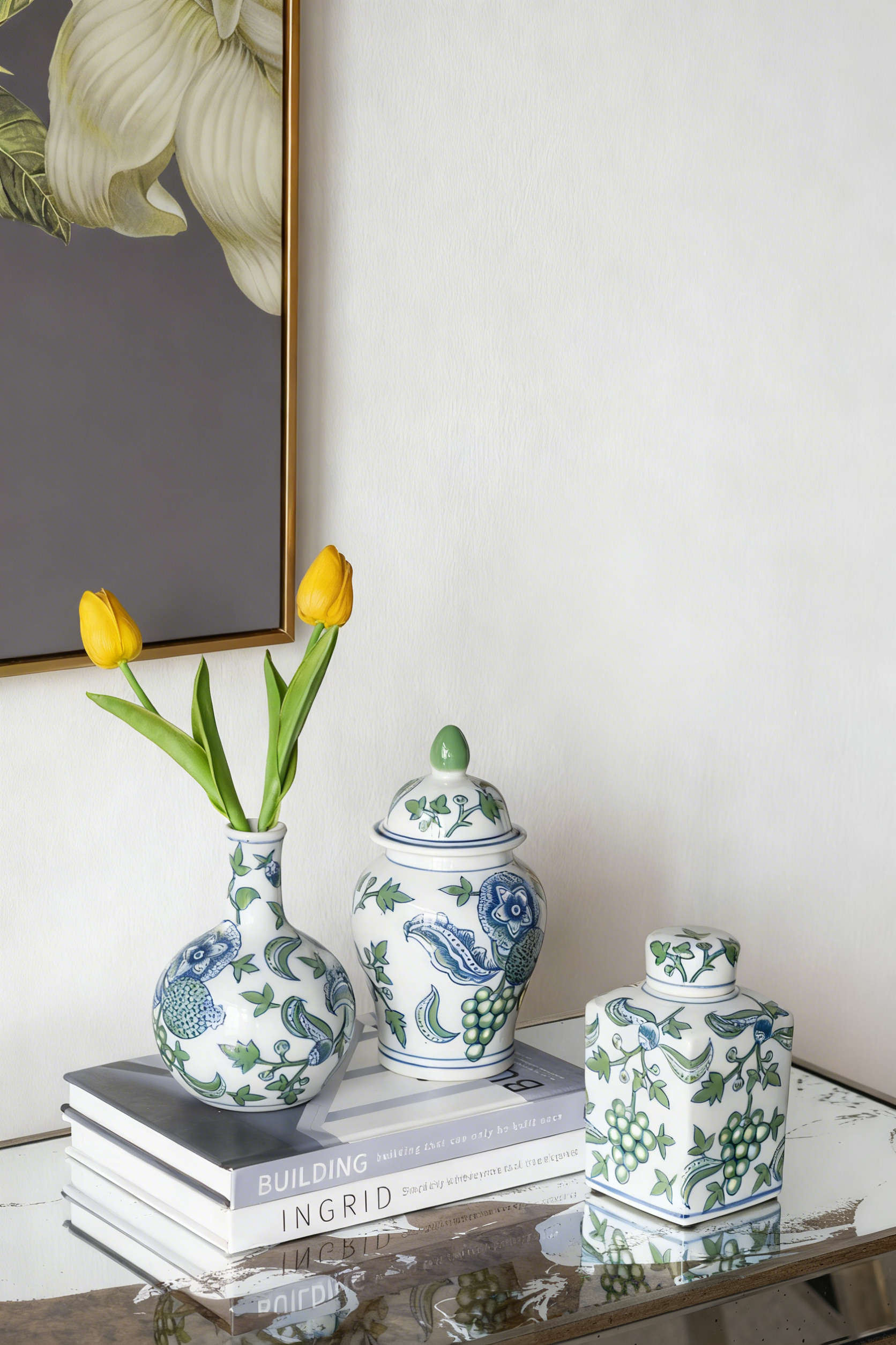 Green & Blue Floral Chinoiserie Porcelain Ginger Jars, Set of 3