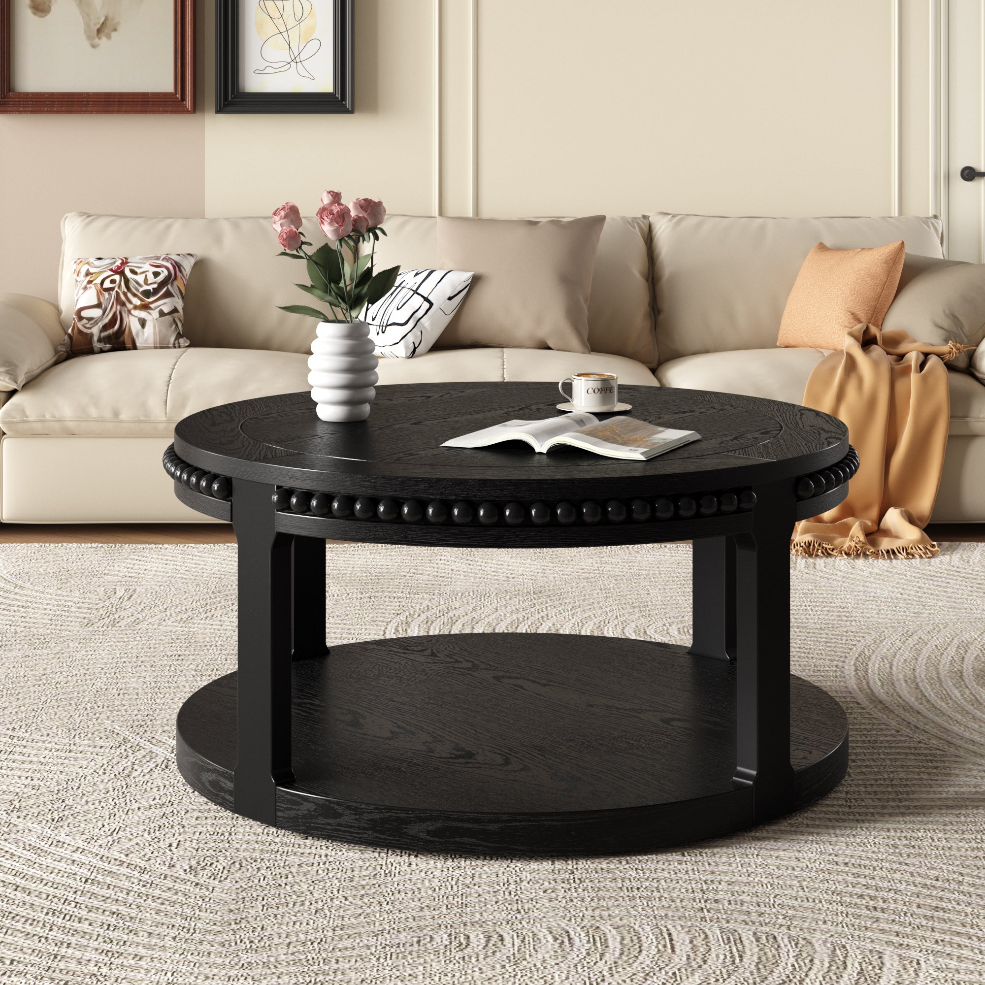 Round Solid Wood Coffee Table with Beaded Accent Edge