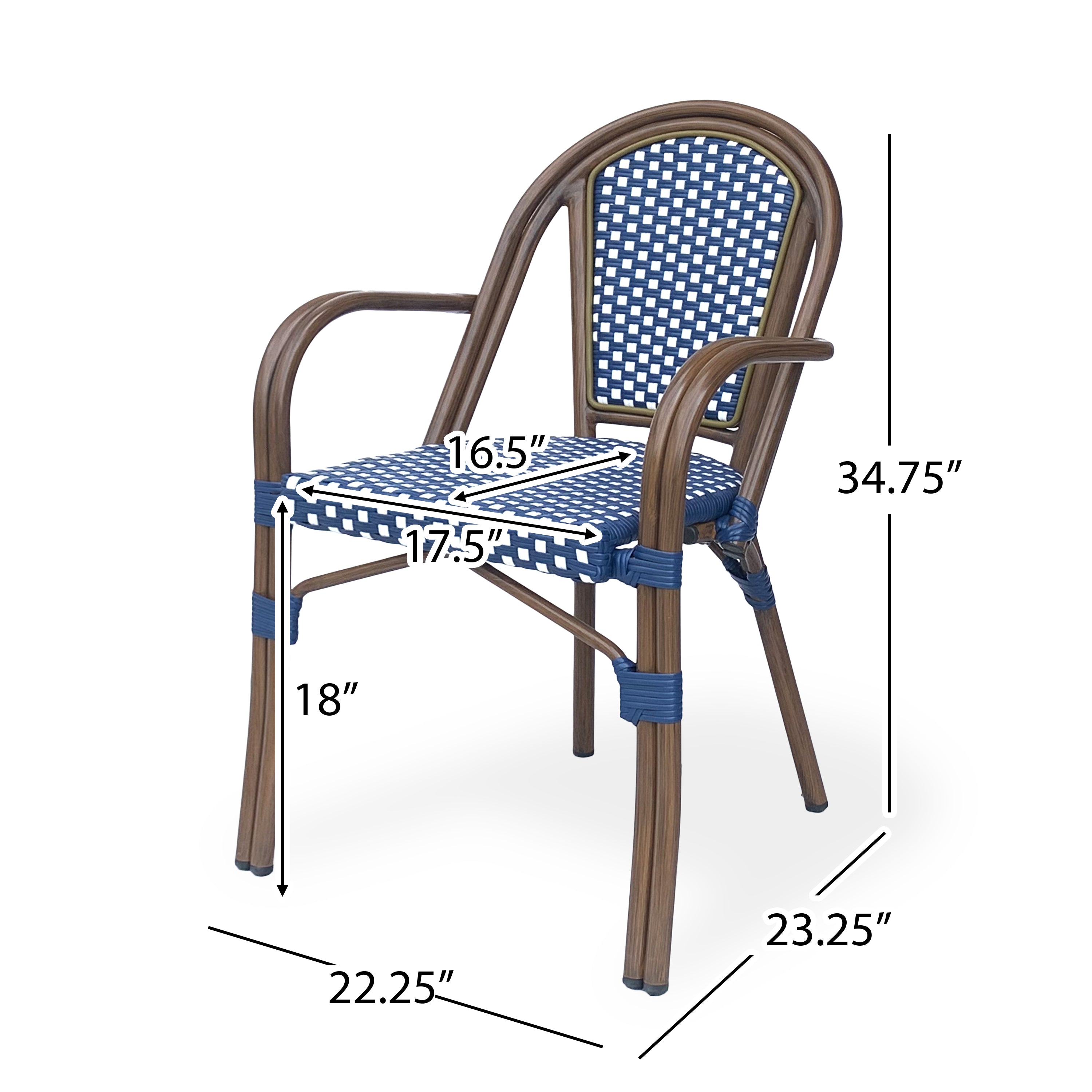 Crowned Wicker Bistro Chair with Checkered Pattern and Curved Arms, Set of 2