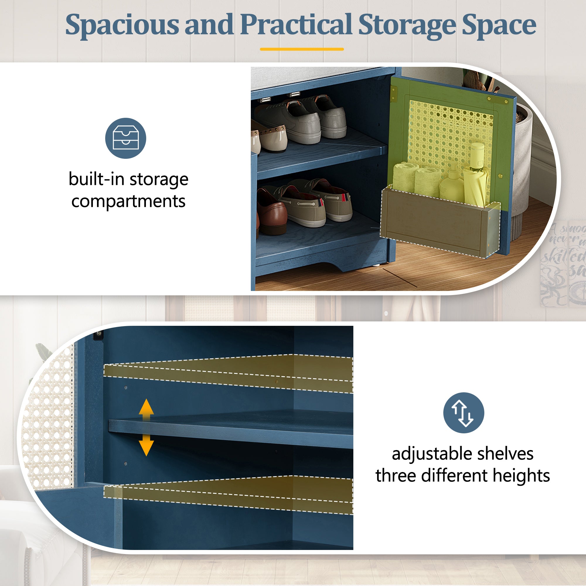 Storage Bench with Rattan Doors