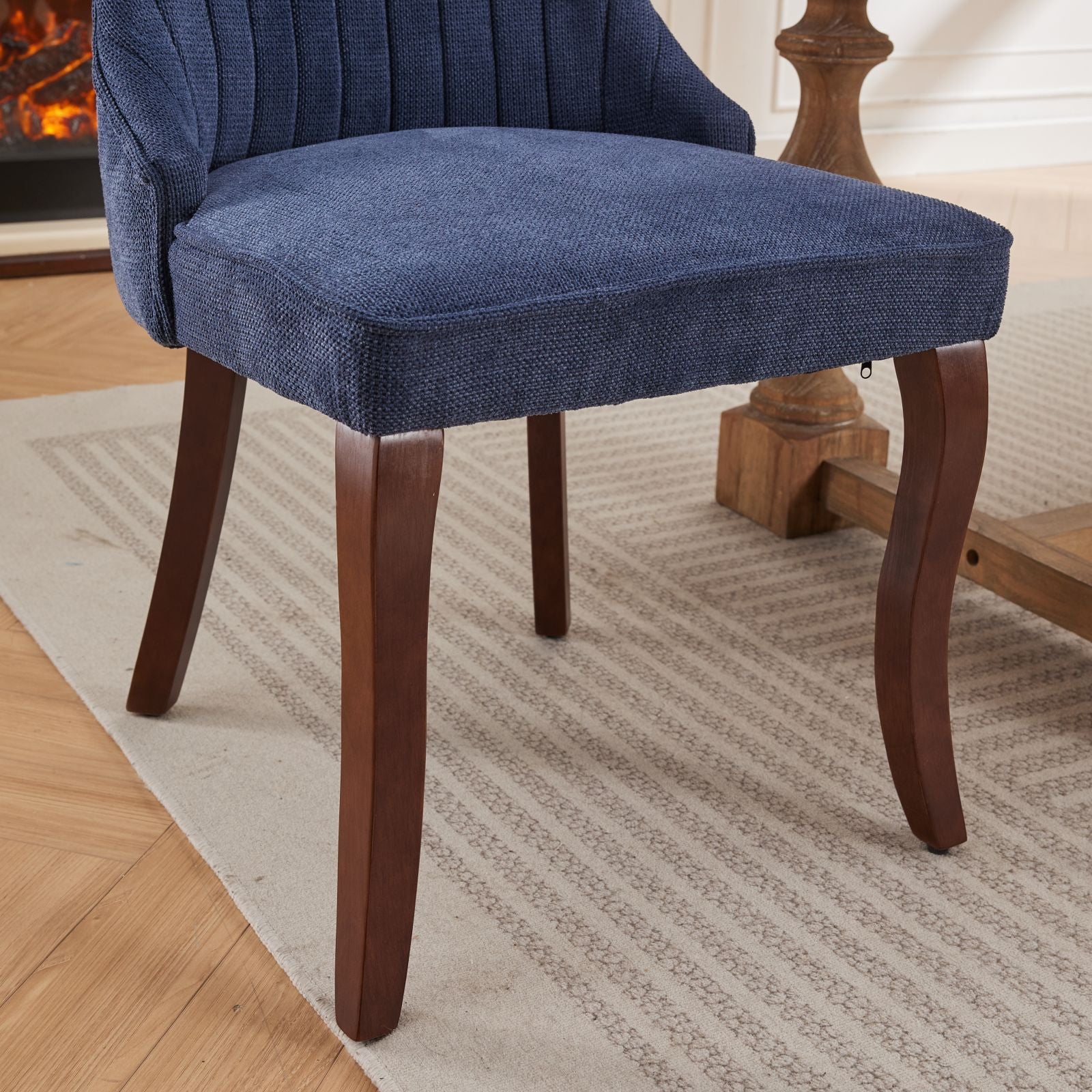 Rayon Cloth Flocking Linen Dining Chairs Channel Kitchen Dinner Chair Comfy Fabric Upholstered Accent Chair for Dining Room with Curved Solid Wood Legs,Set of 2 (Blue), SW1847BL
