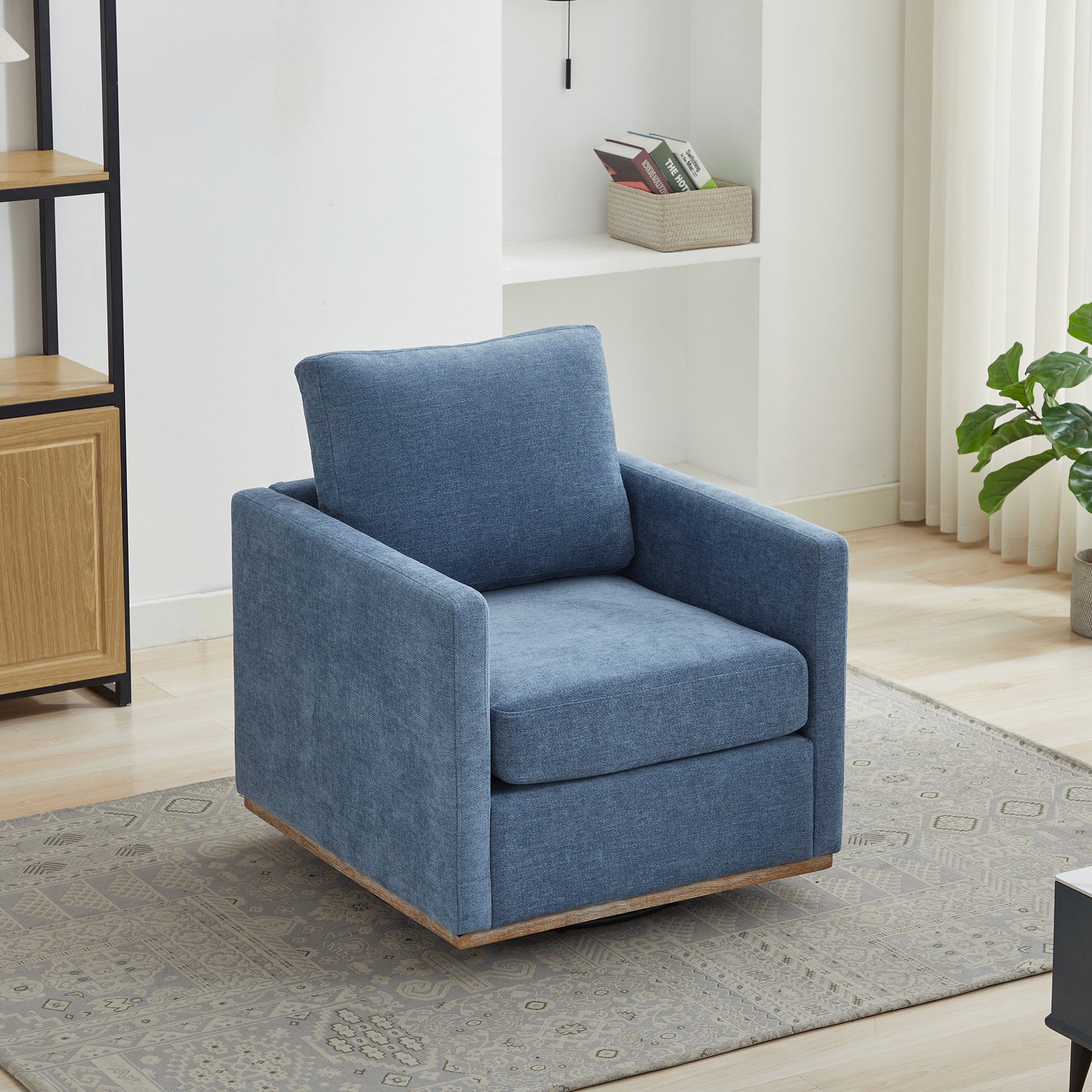 Upholstered Swivel Chair with Square Arms and Metal Base