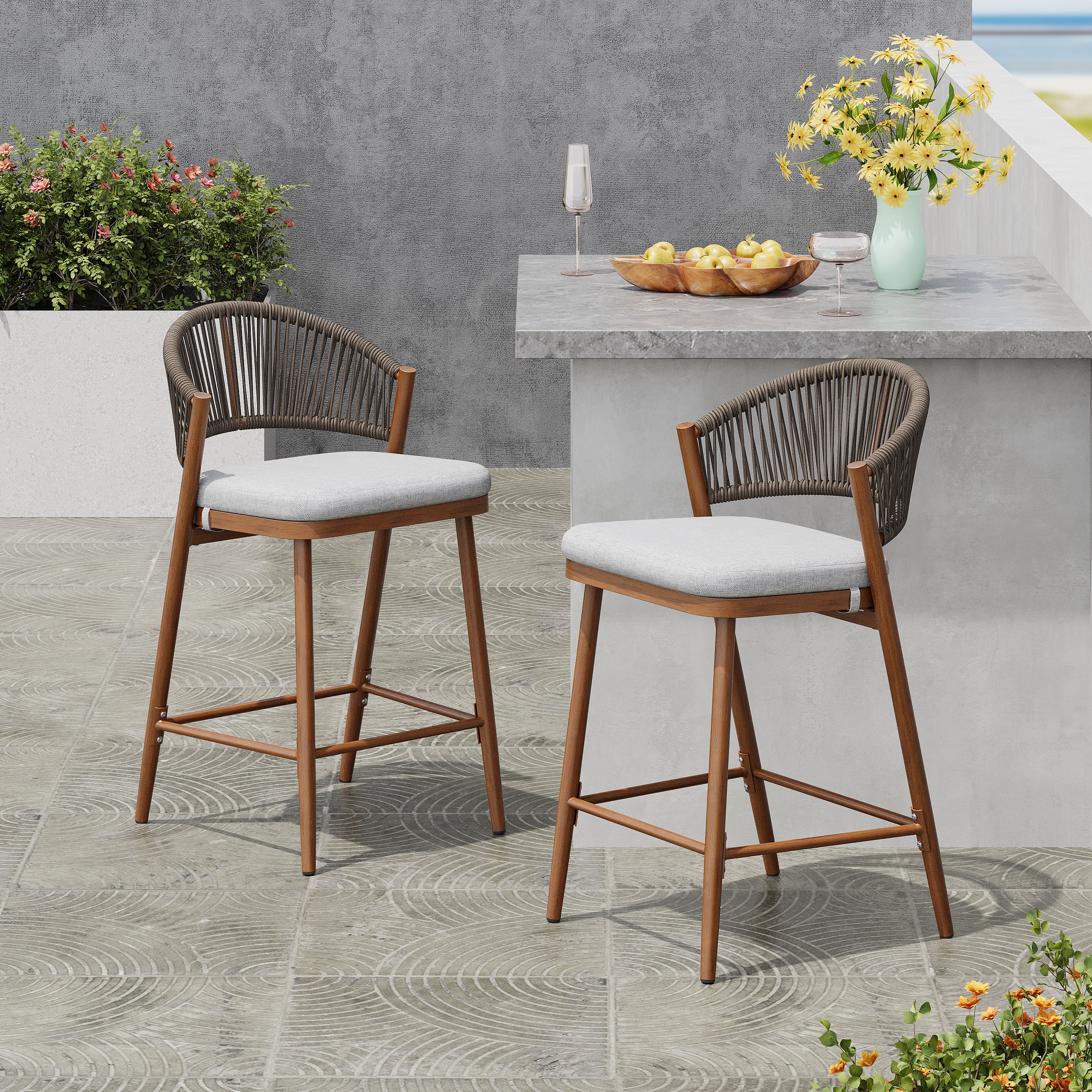 Outdoor Metal Frame Stools with Scallop-Shaped Backrest & Water-Resistant Cushions, Set of 2