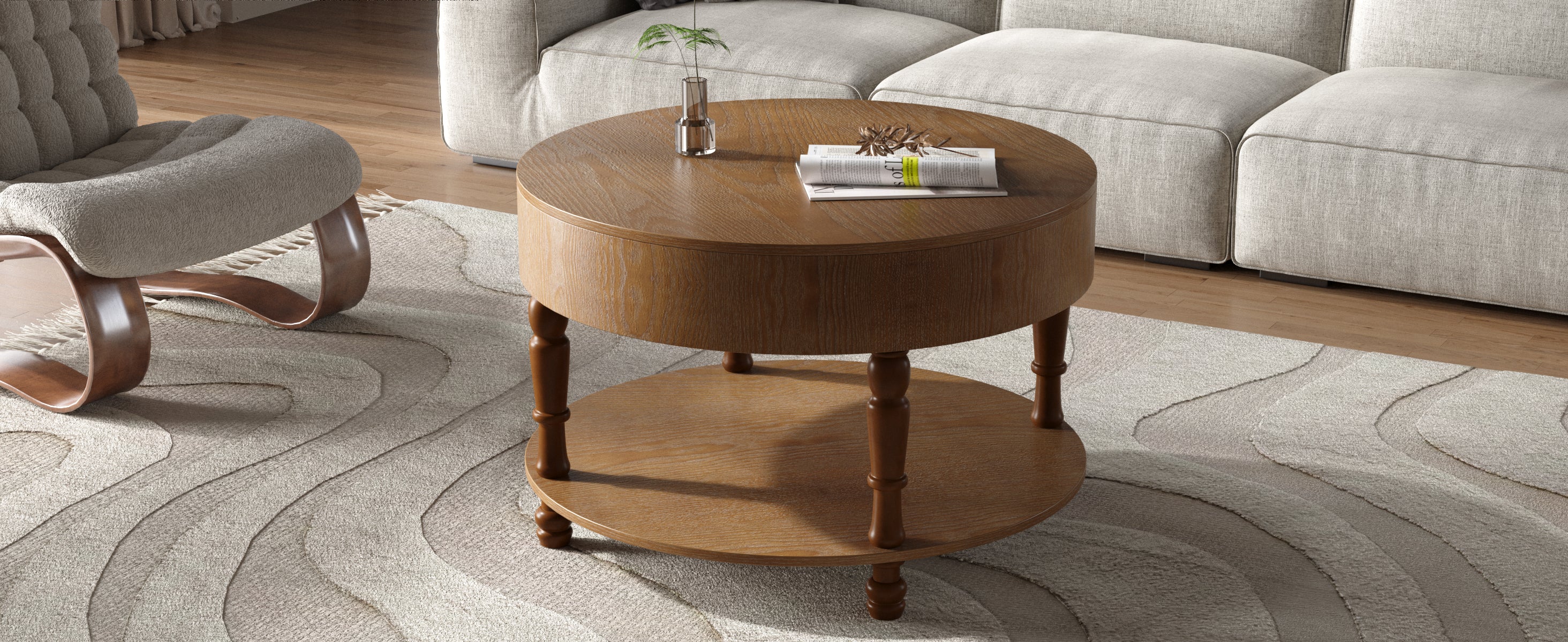 Traditional Round Coffee Table with Storage and Hidden Compartment