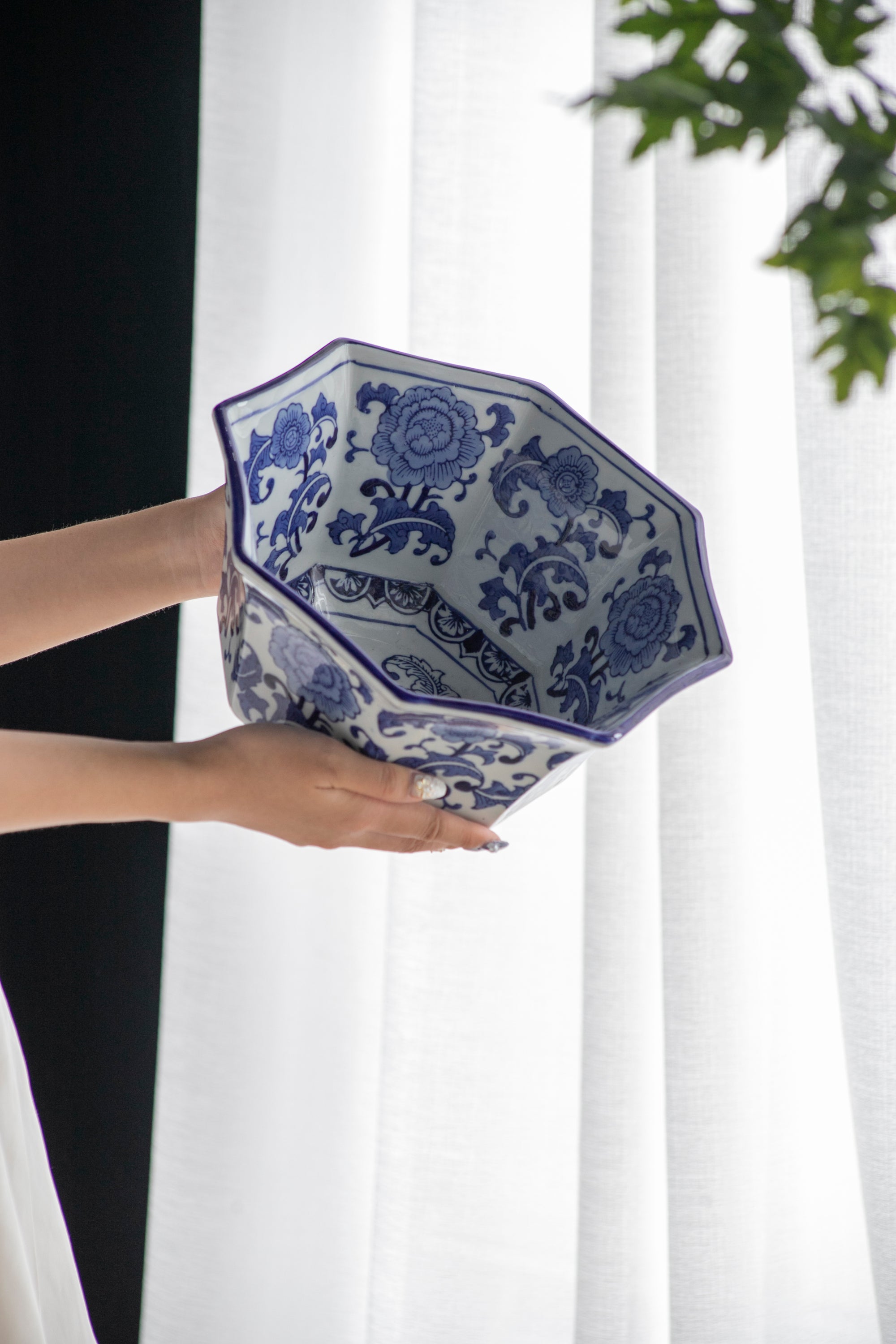 Ren Blue and White Chinoserie Centerpiece Decorative Bowl
