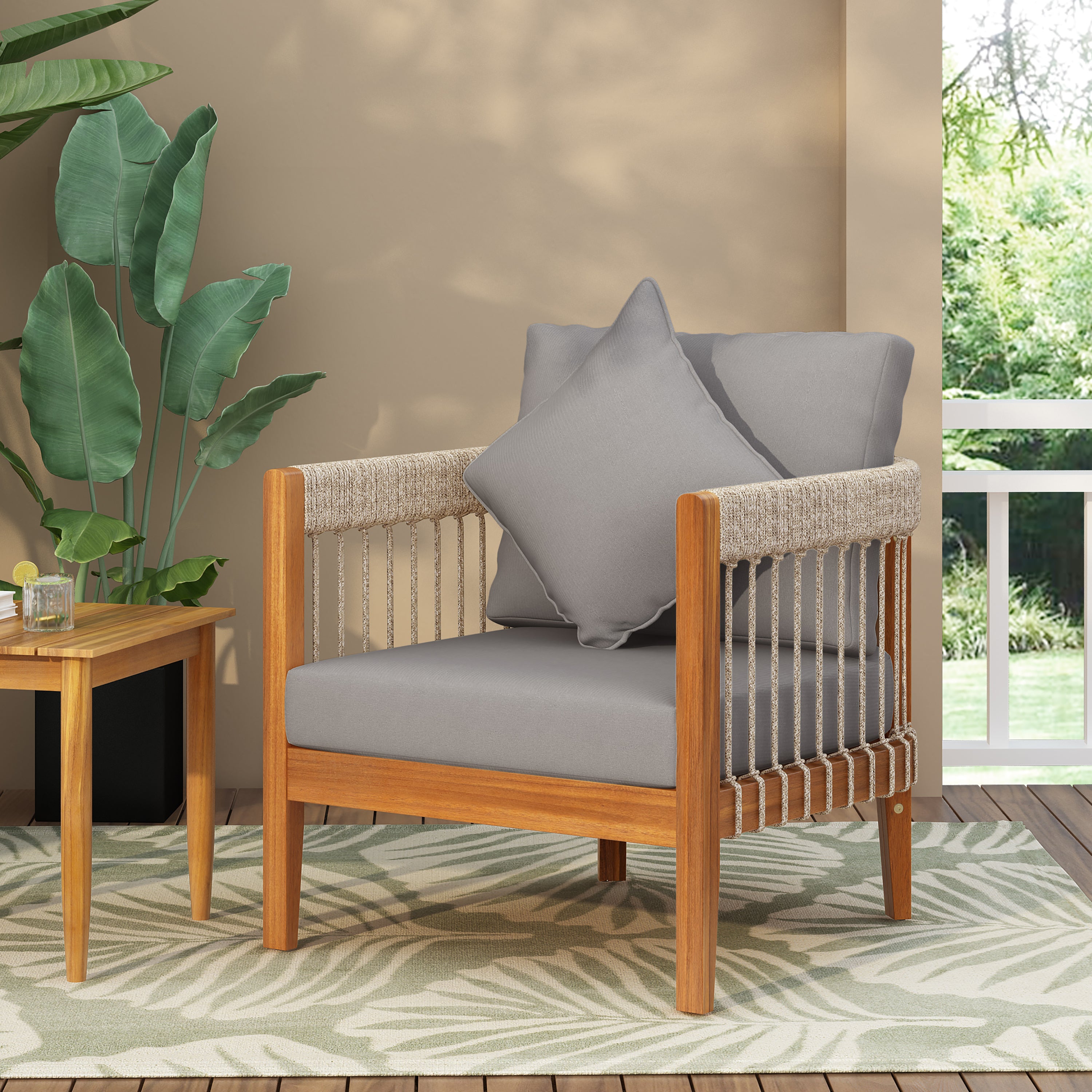 Azari Outdoor Acacia Wood Club Chair with Handwoven Rope Accents & Curved Backrest