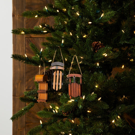 Vintage-Wood-Sled-Tree-Ornament,-Set-of-12-Ornaments