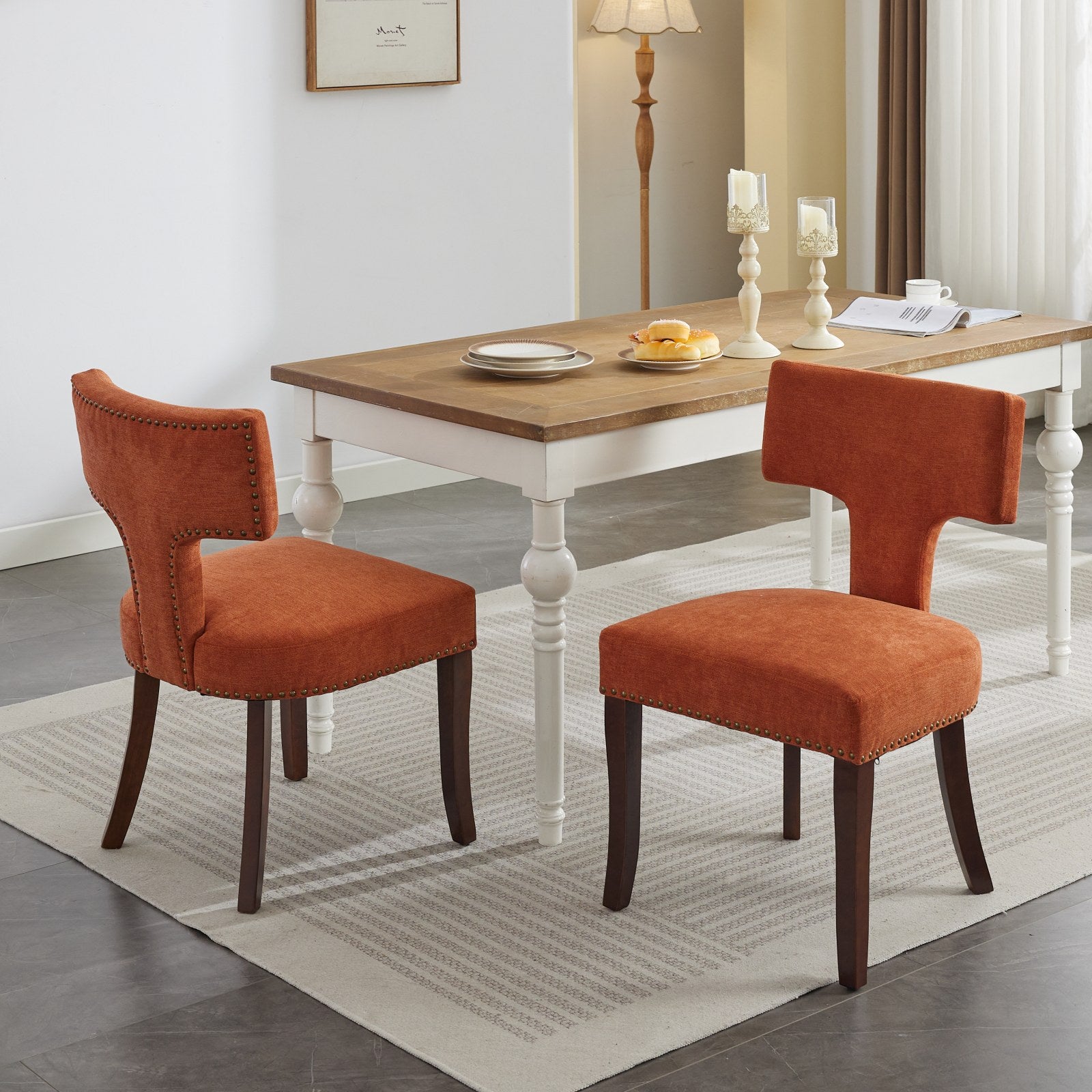 Mid Century Modern Dining Chairs Set of 2, Farmhouse Linen Fabric Upholstered Accent Chair Curved Backrest with Copper Nails around,Kitchen Chairs with Hardwood Frame, Orange
