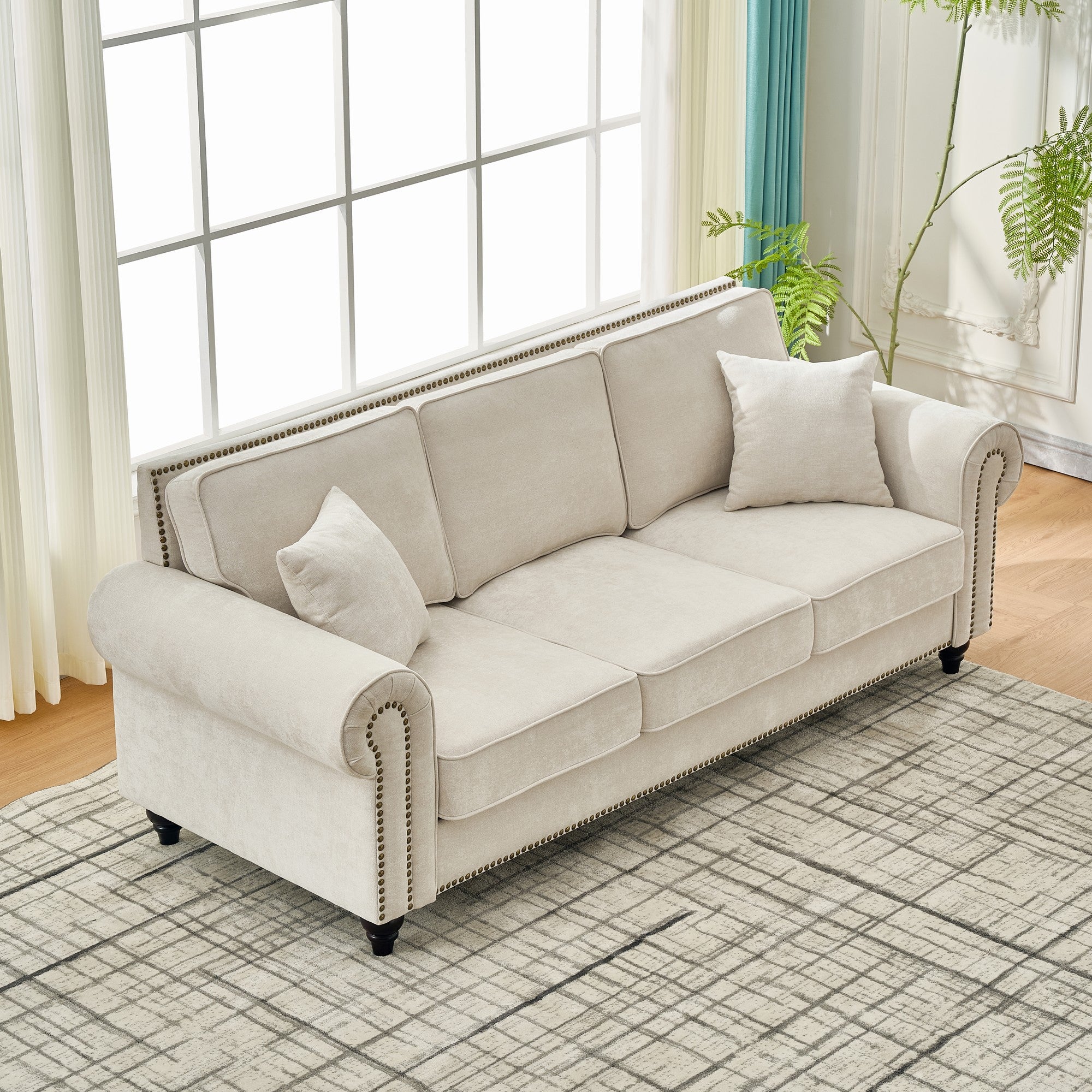 Modern 86" 3-Seater Sofa with Tufted Upholstery, Rolled Arms, and Nailhead Trim