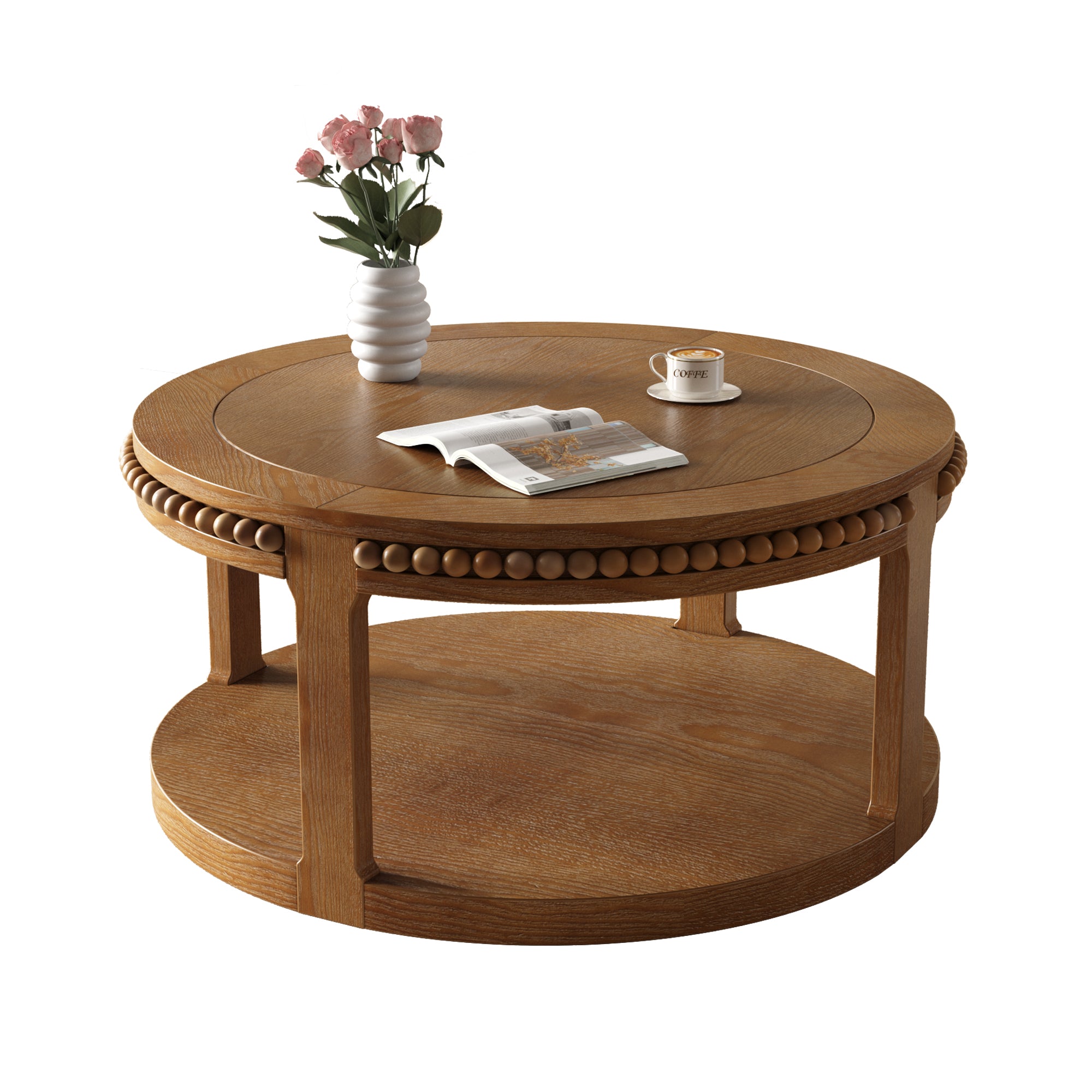 Round Solid Wood Coffee Table with Beaded Accent Edge