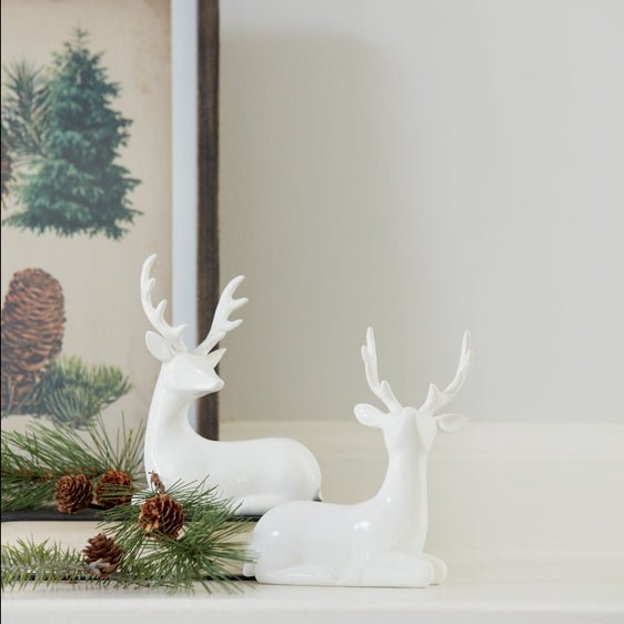 Modern White Winter Deer Figurine, Set of 2