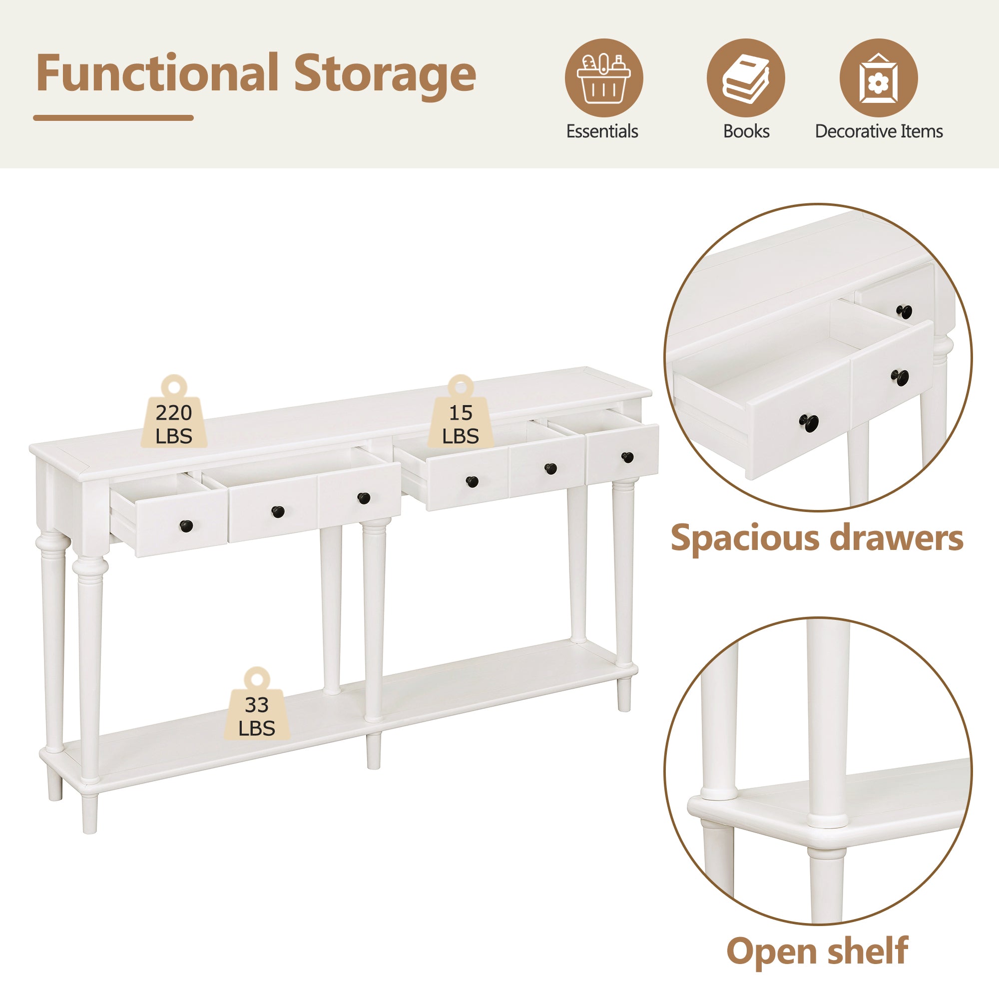 Console Table with 4 Drawers and Open Shelf
