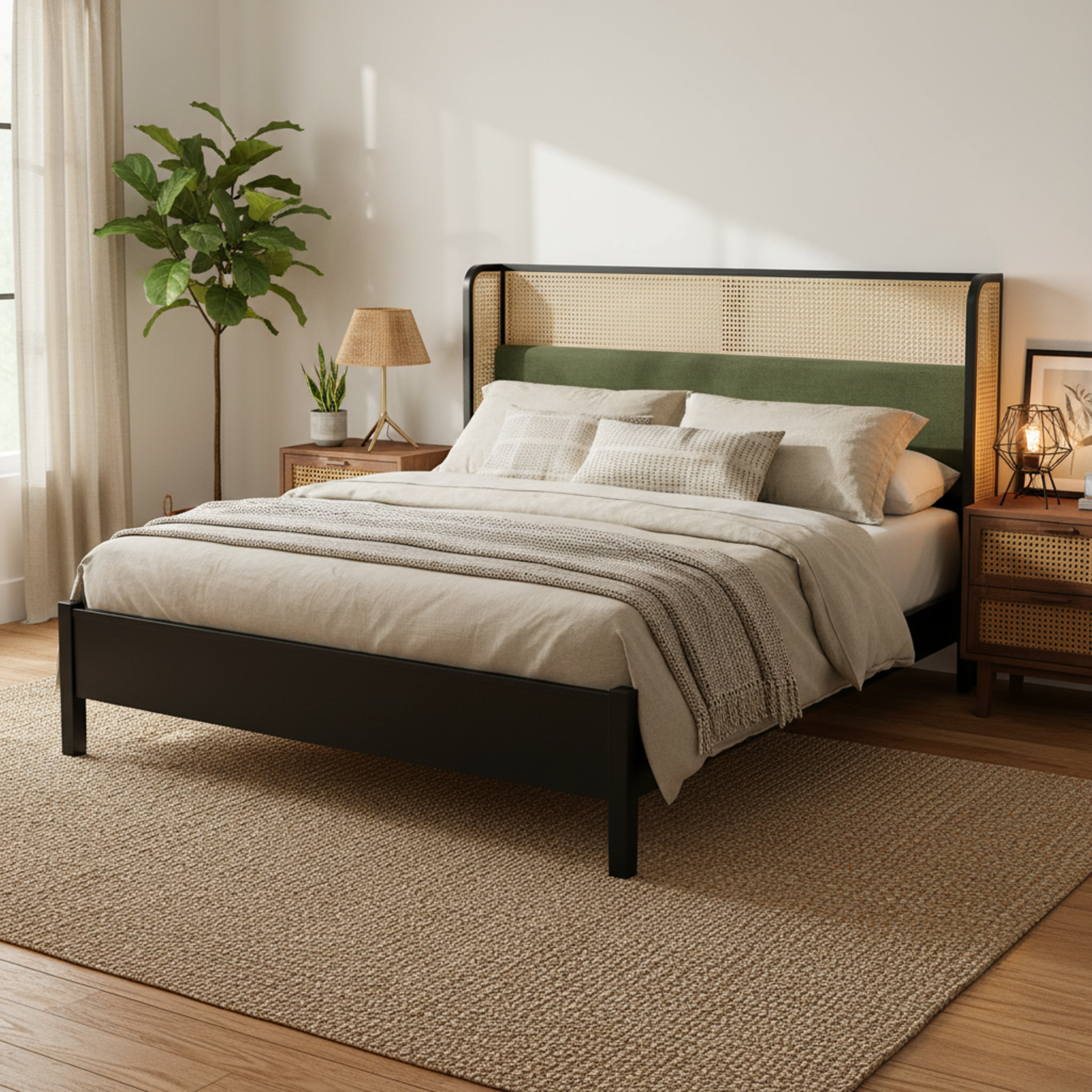 Queen Size Bed Frame with Green Headboard, Black with Green Solid Wood  Bed, No Box Spring Required, Modern Bedroom Furniture
