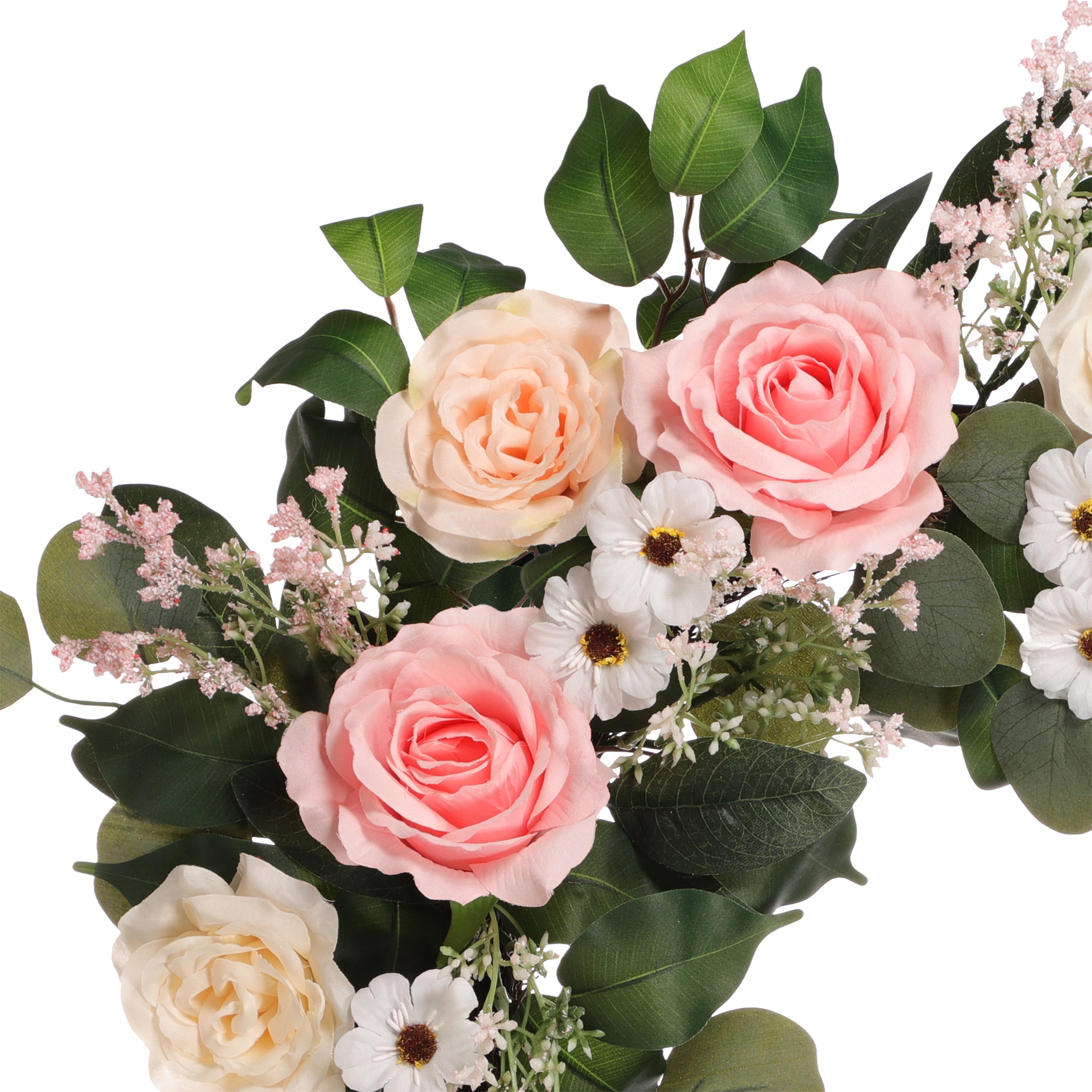 24" Artificial Rose,Camellia,Babysbreath Floral Spring Wreath With Green Leaves