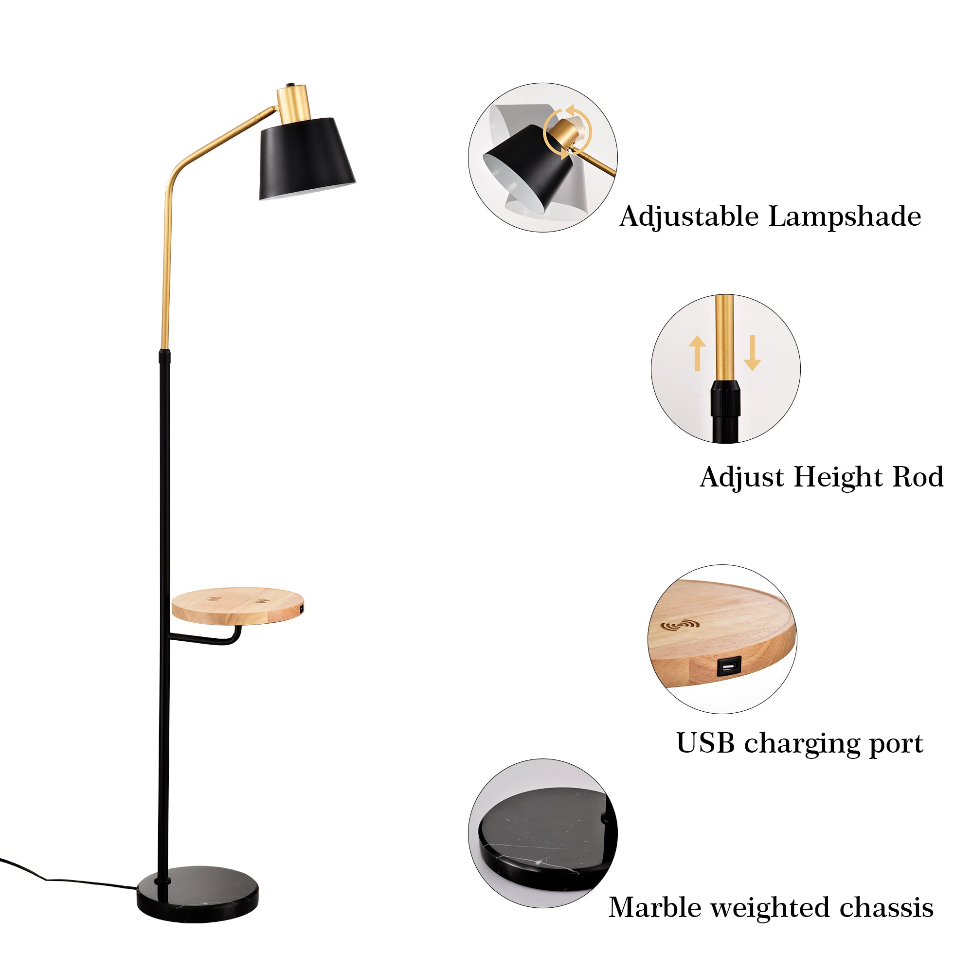 Floor Lamp with Wood Table and Built-in USB Charging Port