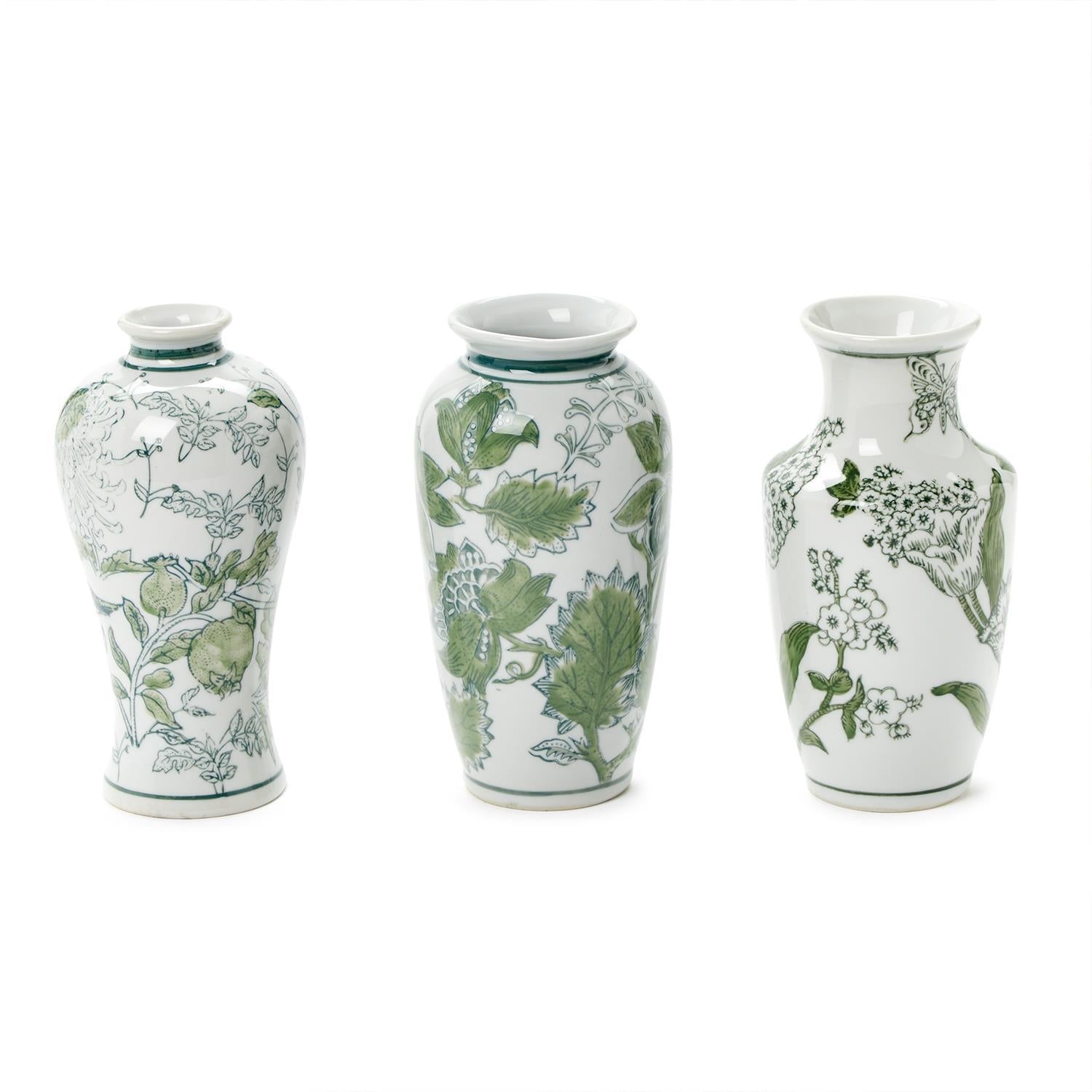 Primrose and Lotus Hand-Painted Green and White Chinoiserie Vases, Set of 3