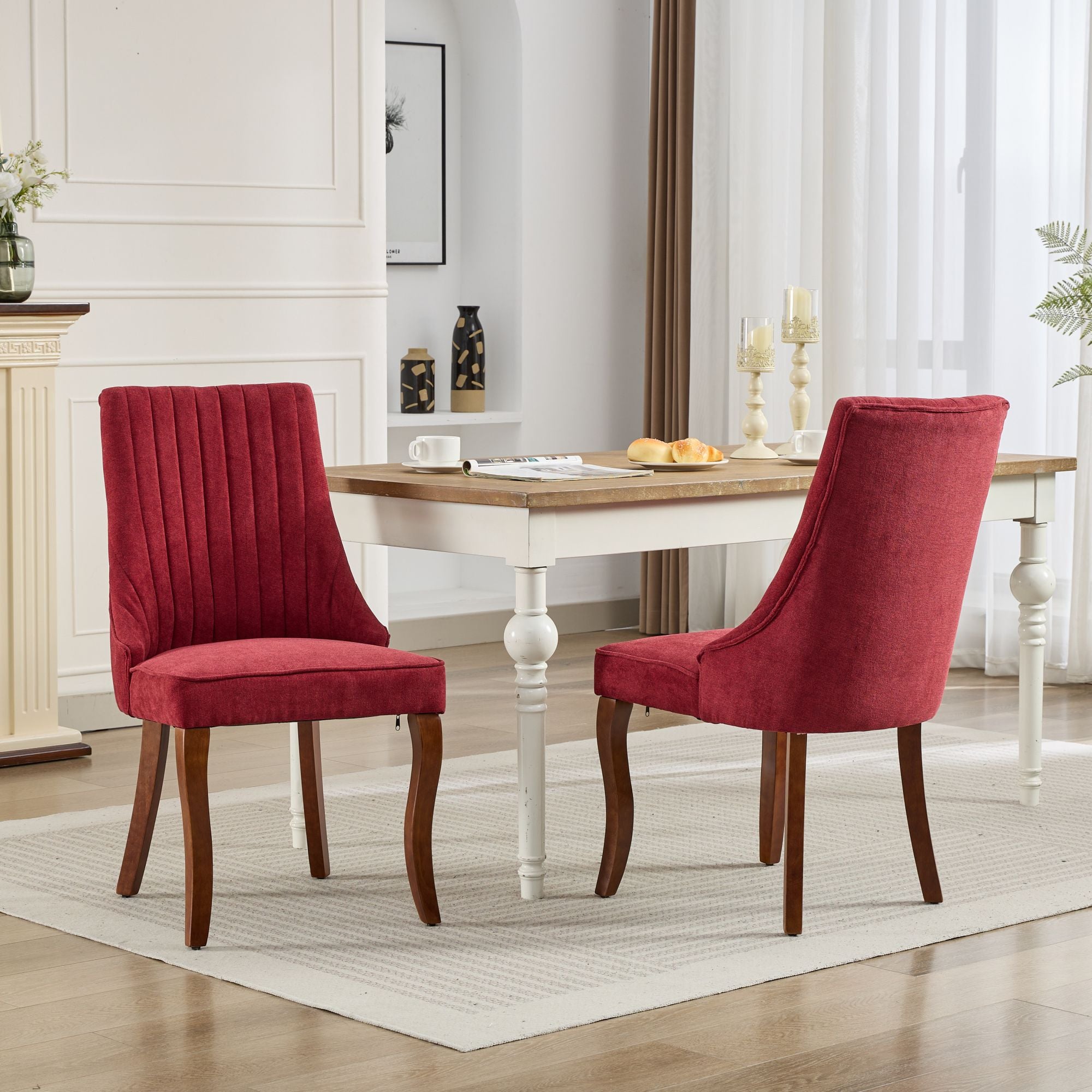 Rayon Cloth Flocking Linen Dining Chairs Channel Kitchen Dinner Chair Comfy Fabric Upholstered Accent Chair for Dining Room with Curved Solid Wood Legs,Set of 2 (Wine Red), SW1847WR