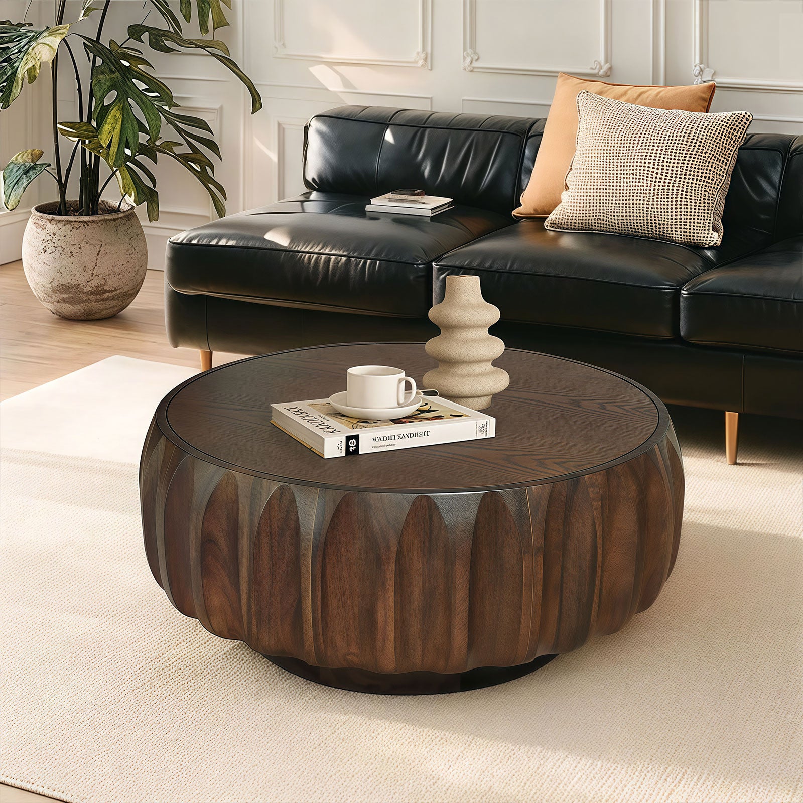 Round Solid Wood Carved Coffee Table