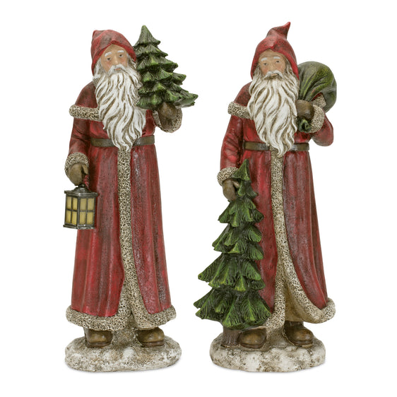 Rustic-Stone-Santa-Figurine-with-Pine-Tree-and-Lantern-(set-of-2)-Red-Decor