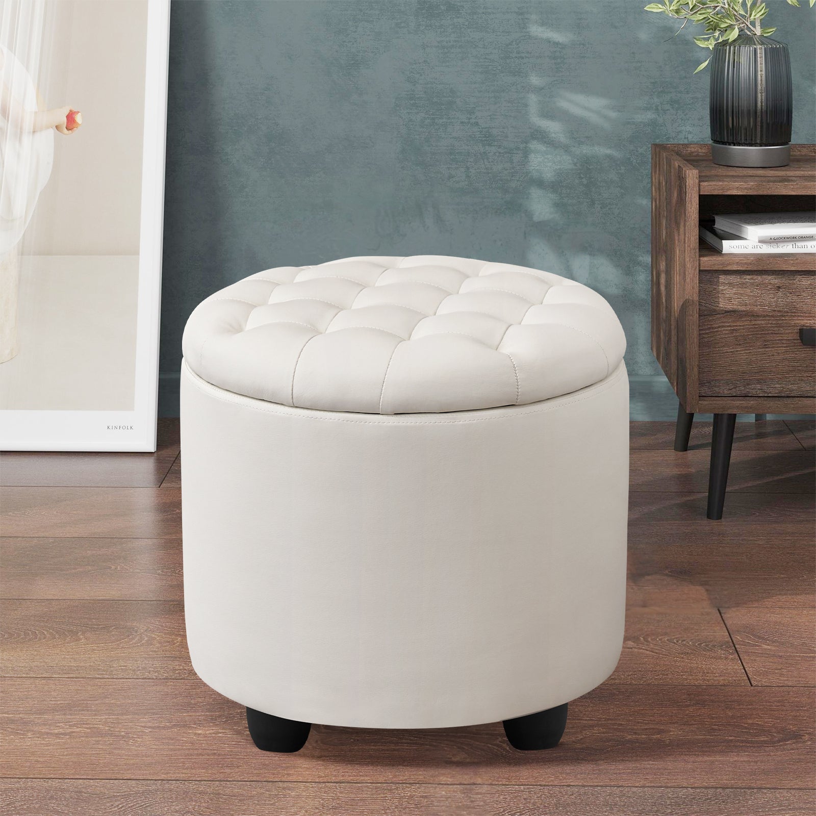 Small Upholstered Circle Pouf Footstool with Removable Lid Storage