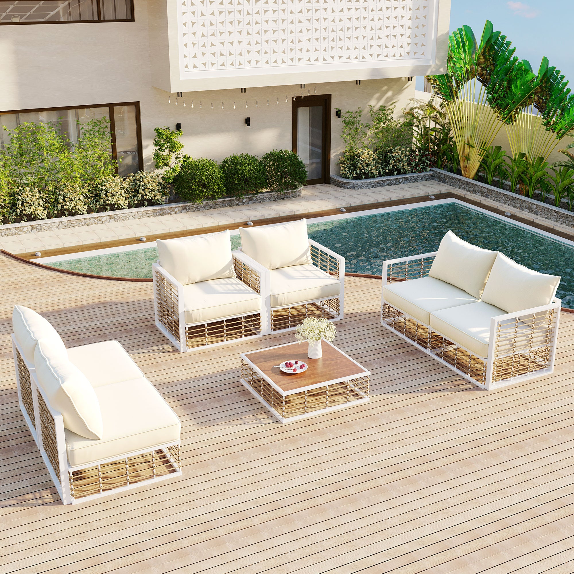Modern Minimalist 7-Piece Metal All-Weather Conversational Furniture Set with Thick Cushions and Coffee Table
