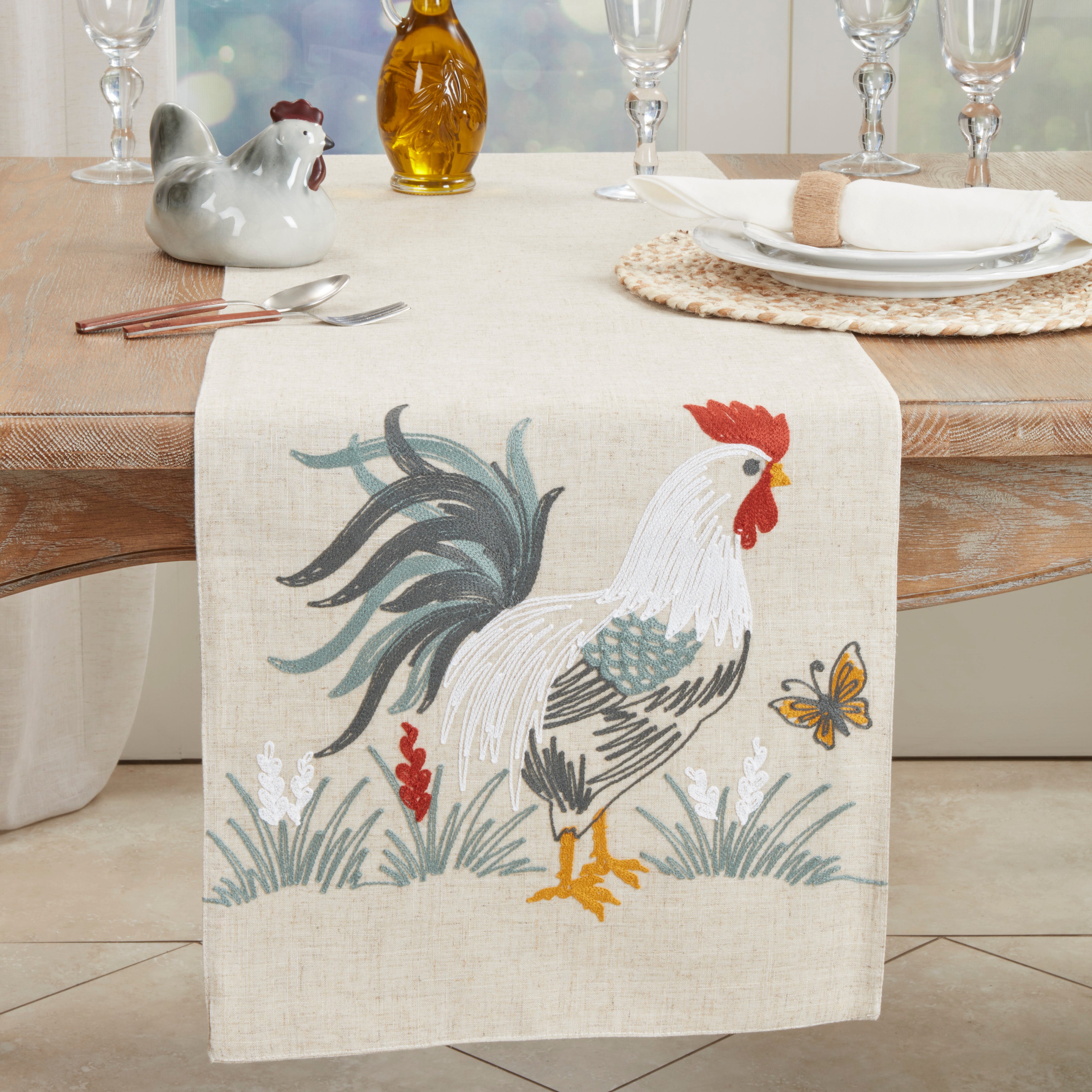 Embroidered Rooster Table Runner