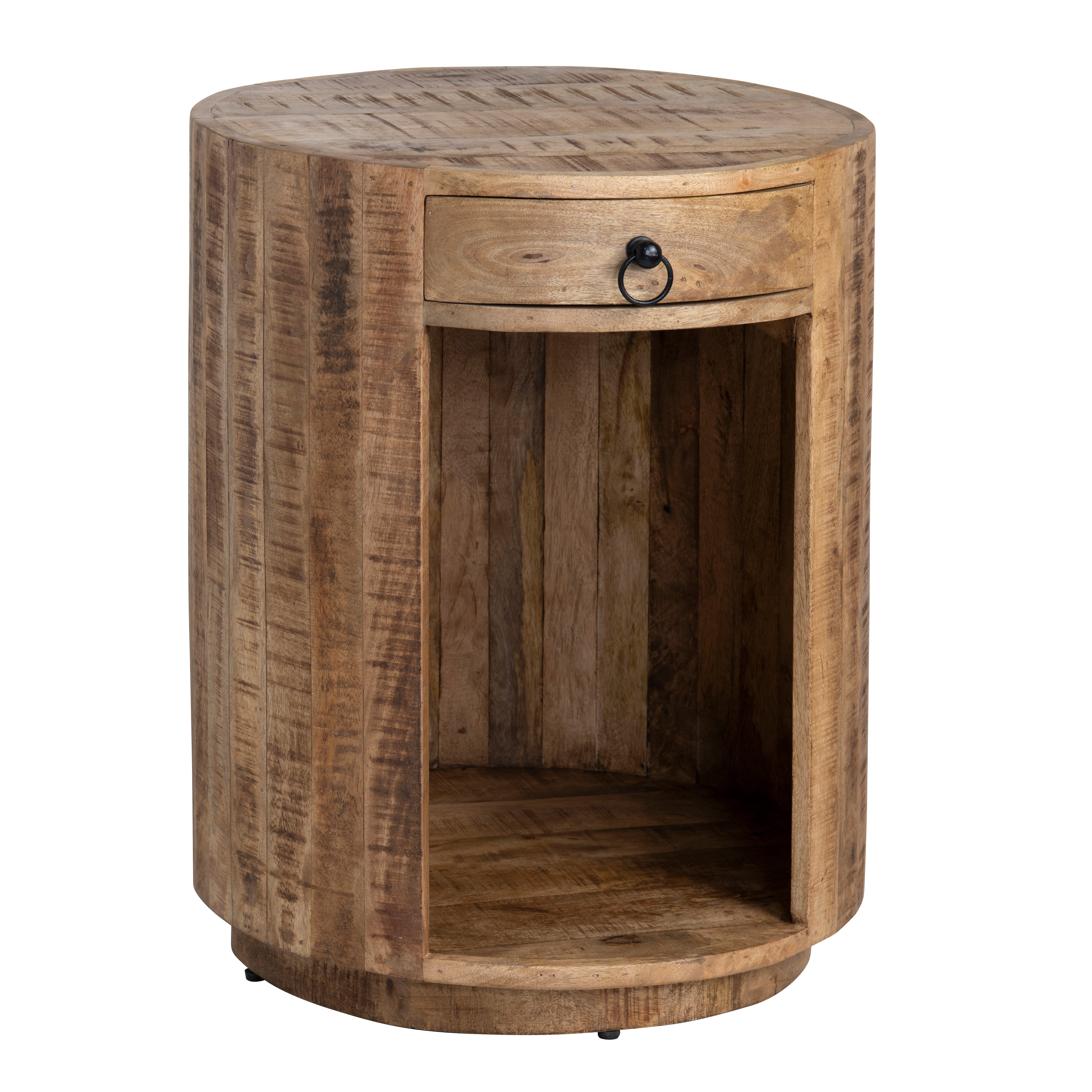 Round Brown Solid Wood Accent End Table with Drawer