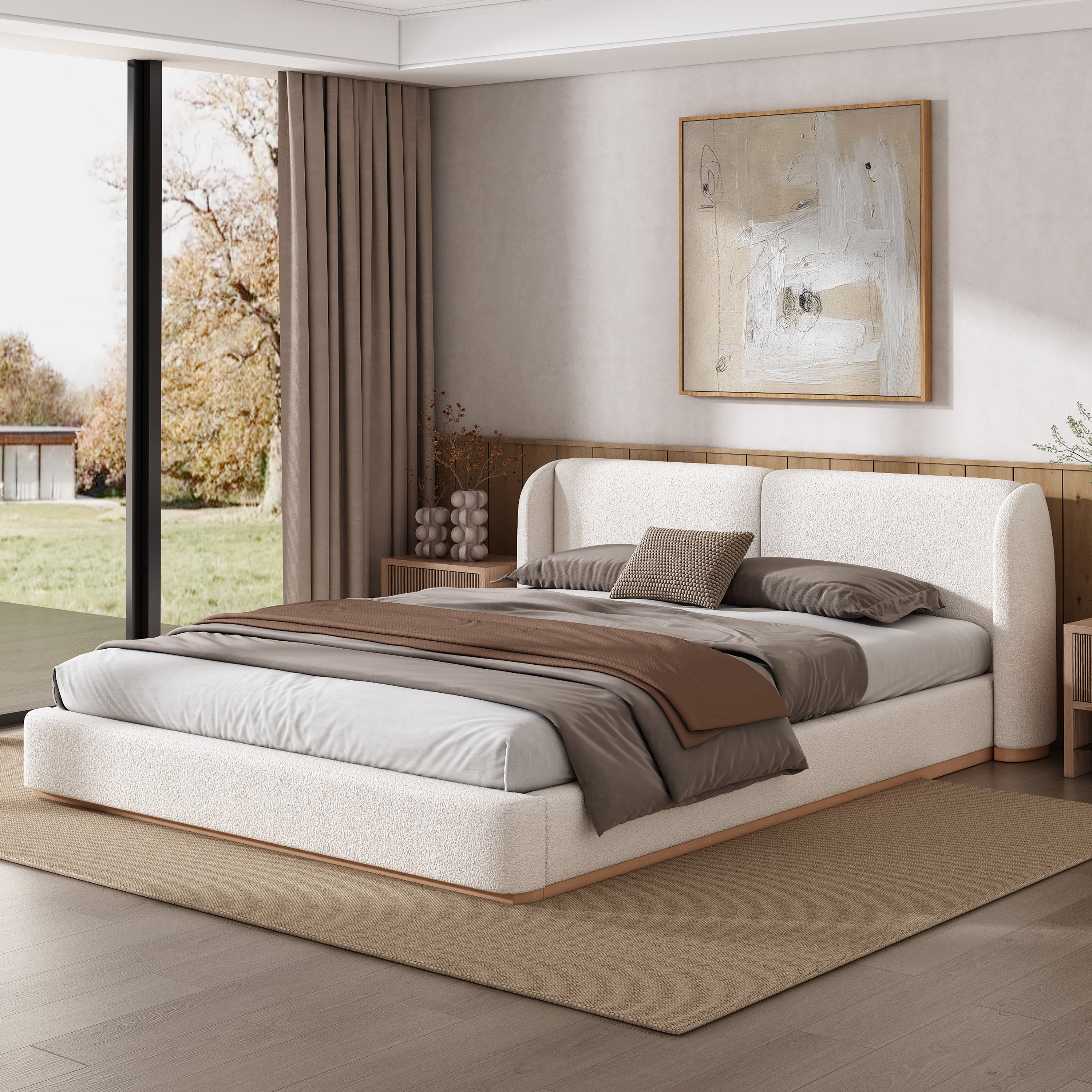 Bed Frame with Boucle Upholstered Wingback Headboard