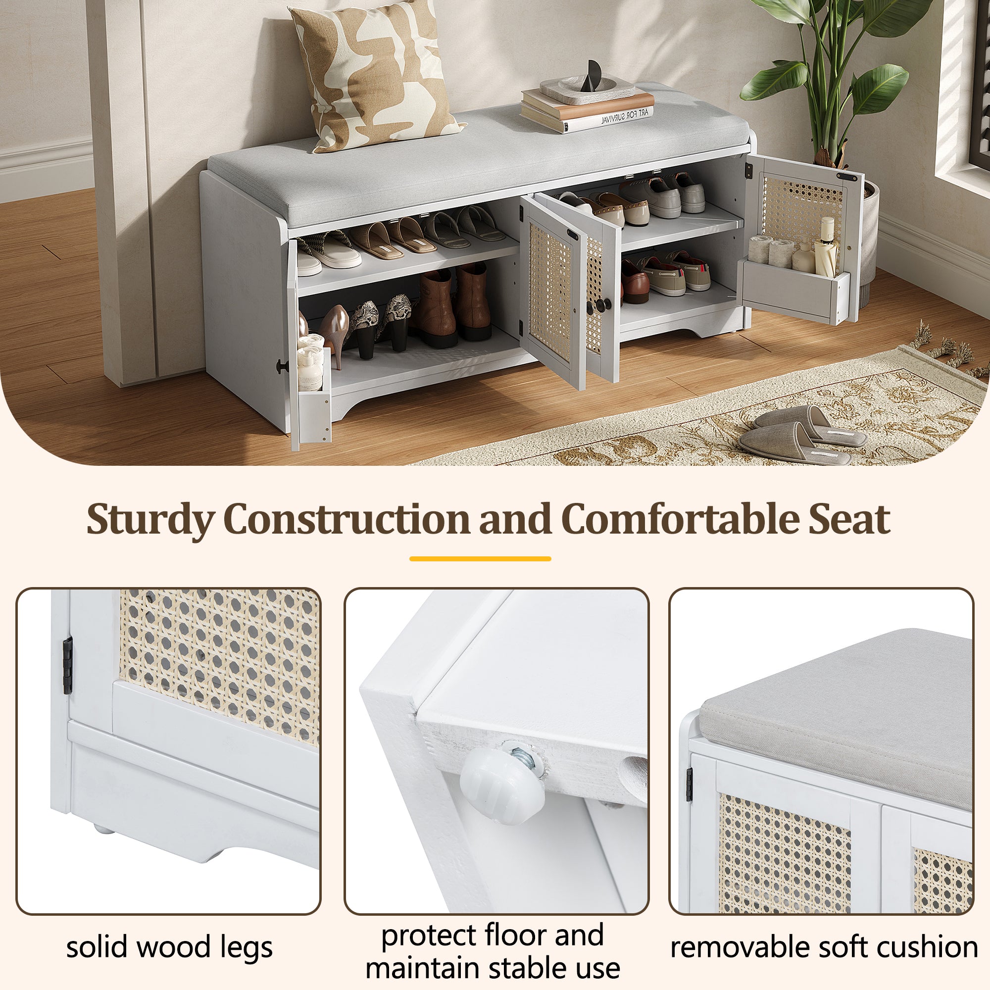 Storage Bench with Rattan Doors