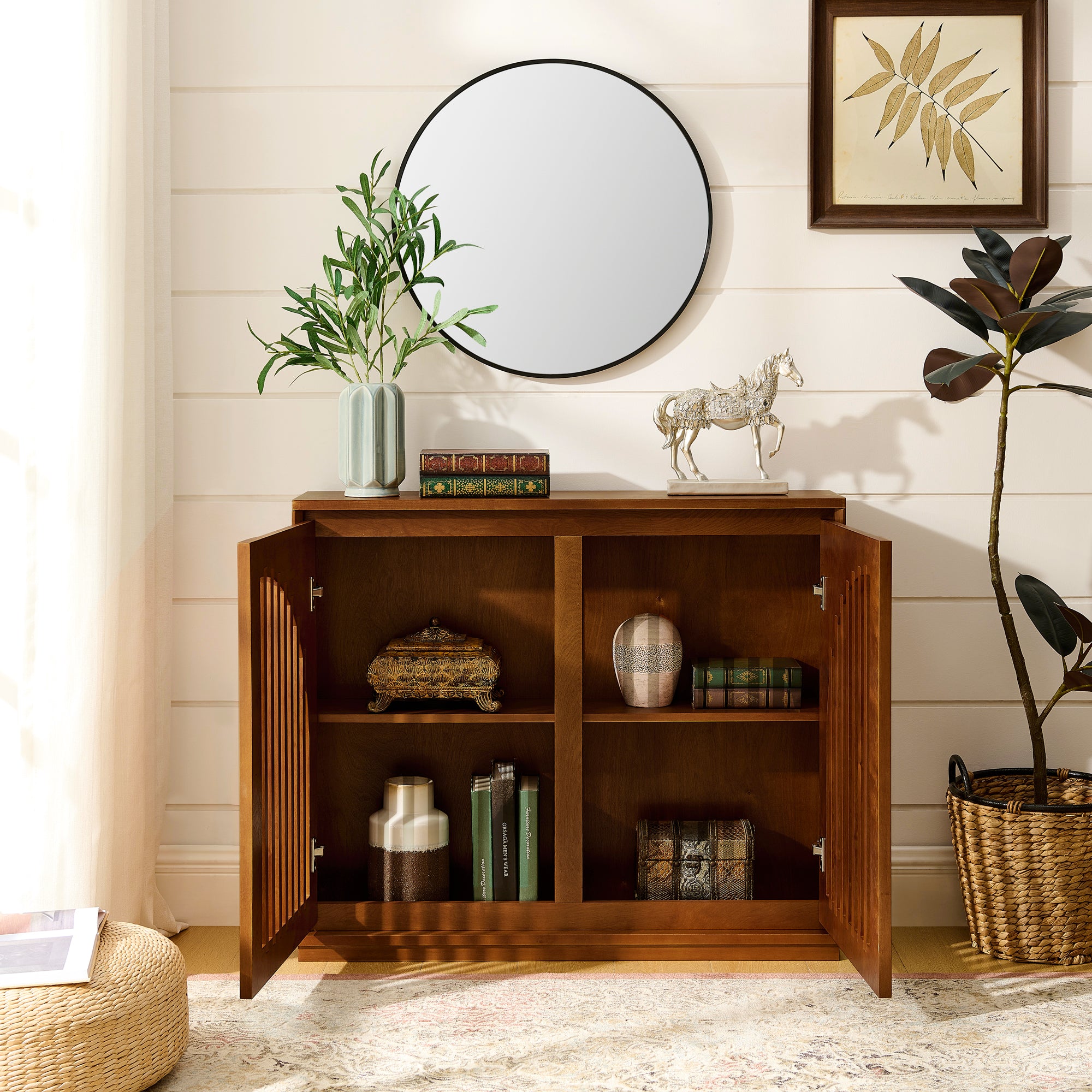 Mid-Century Modern Fluted Narrow Storage Cabinet with 2 Outlet Holes