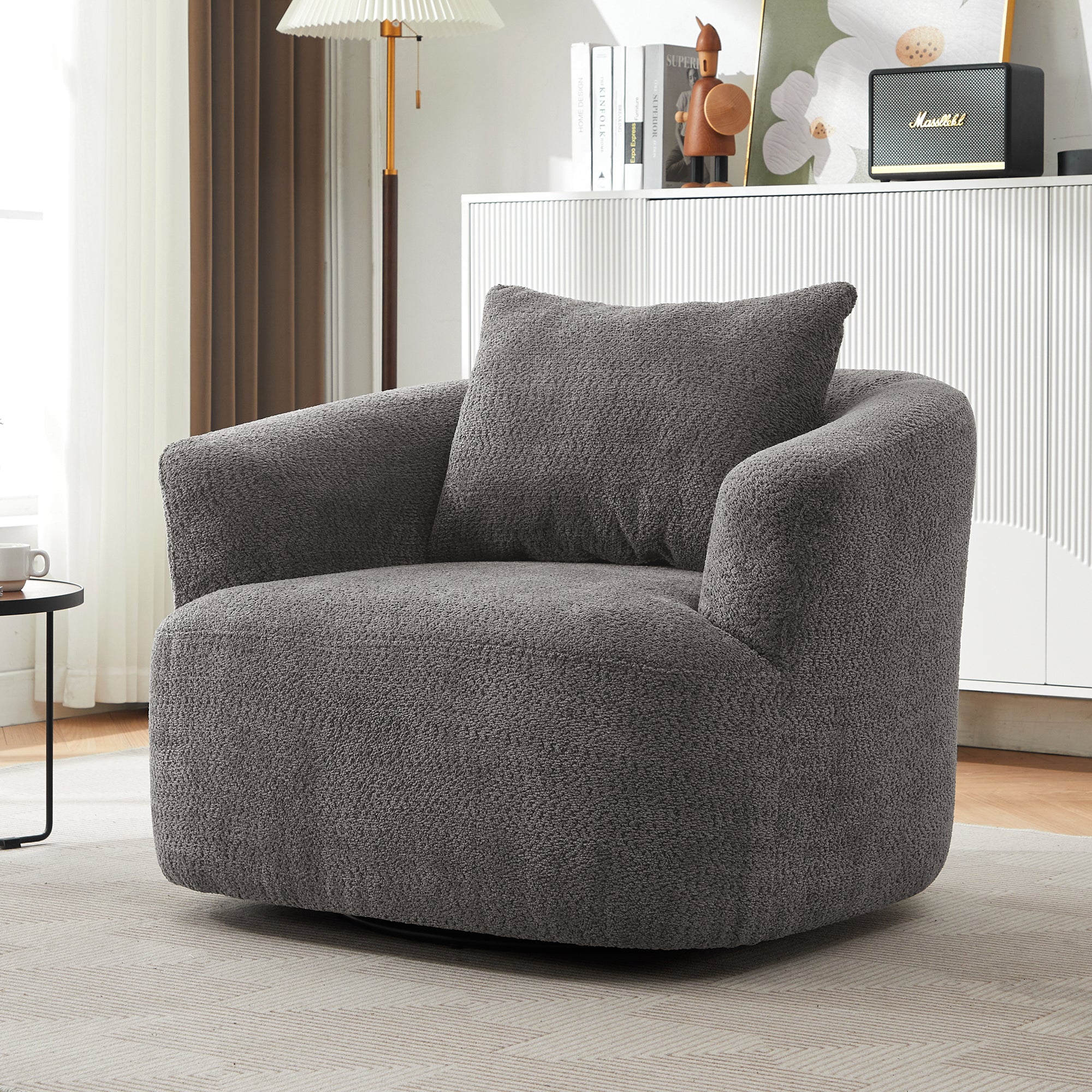 360° Swivel Barrel Chenille Upholstered Accent Chair with Throw Pillow