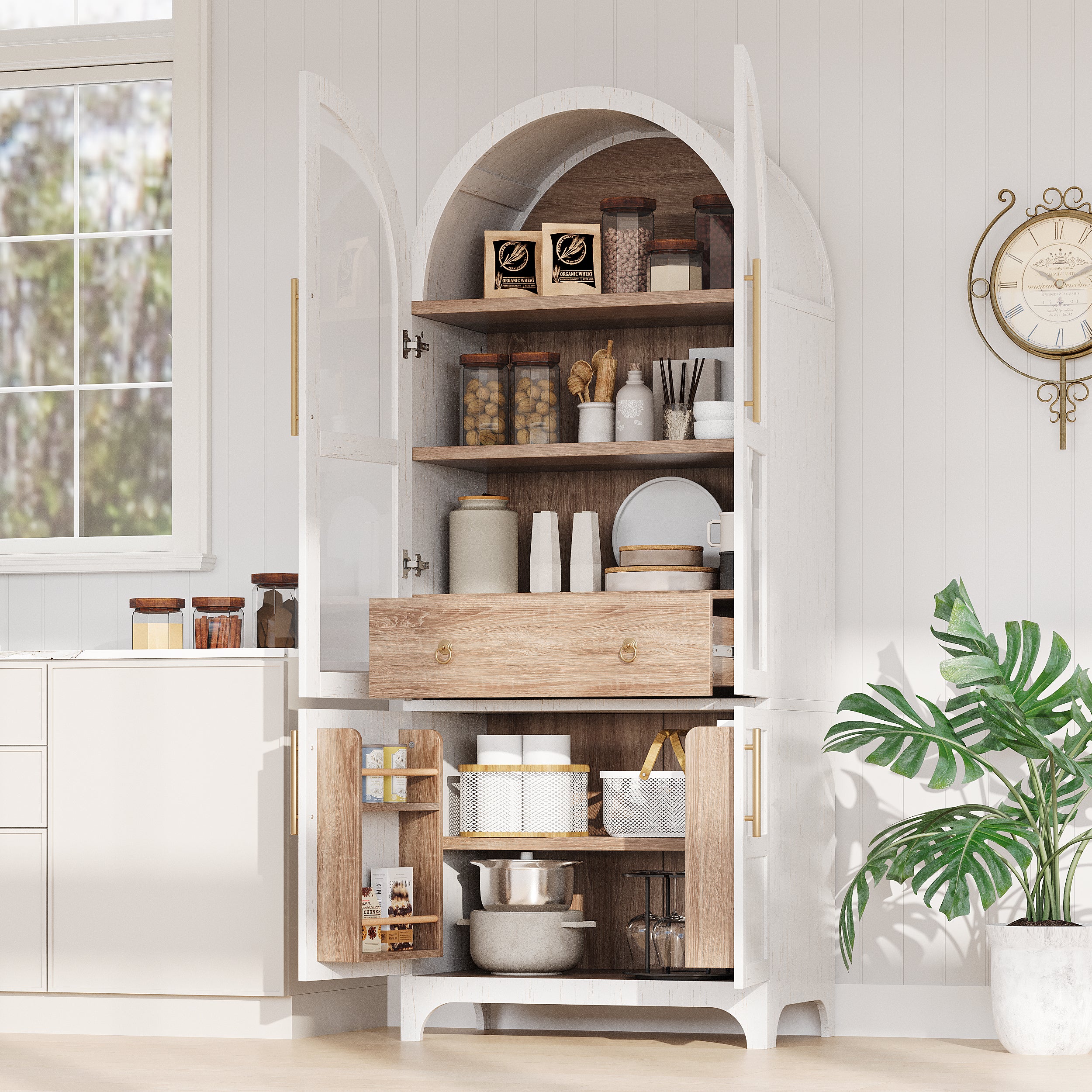 Farmhouse Kitchen Storage Cabinet with Open & Adjustable Shelves