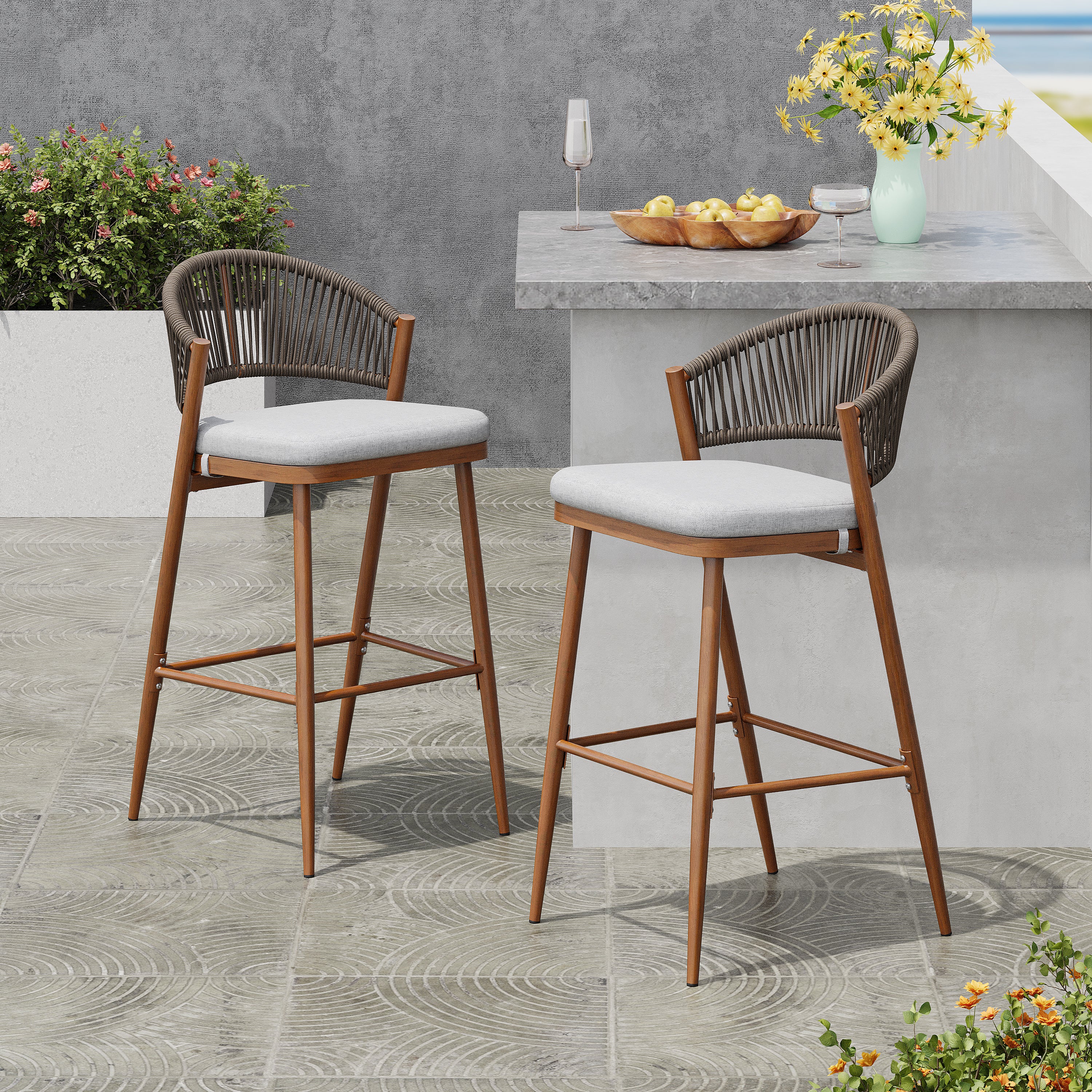 Outdoor Metal Frame Stools with Scallop-Shaped Backrest & Water-Resistant Cushions, Set of 2