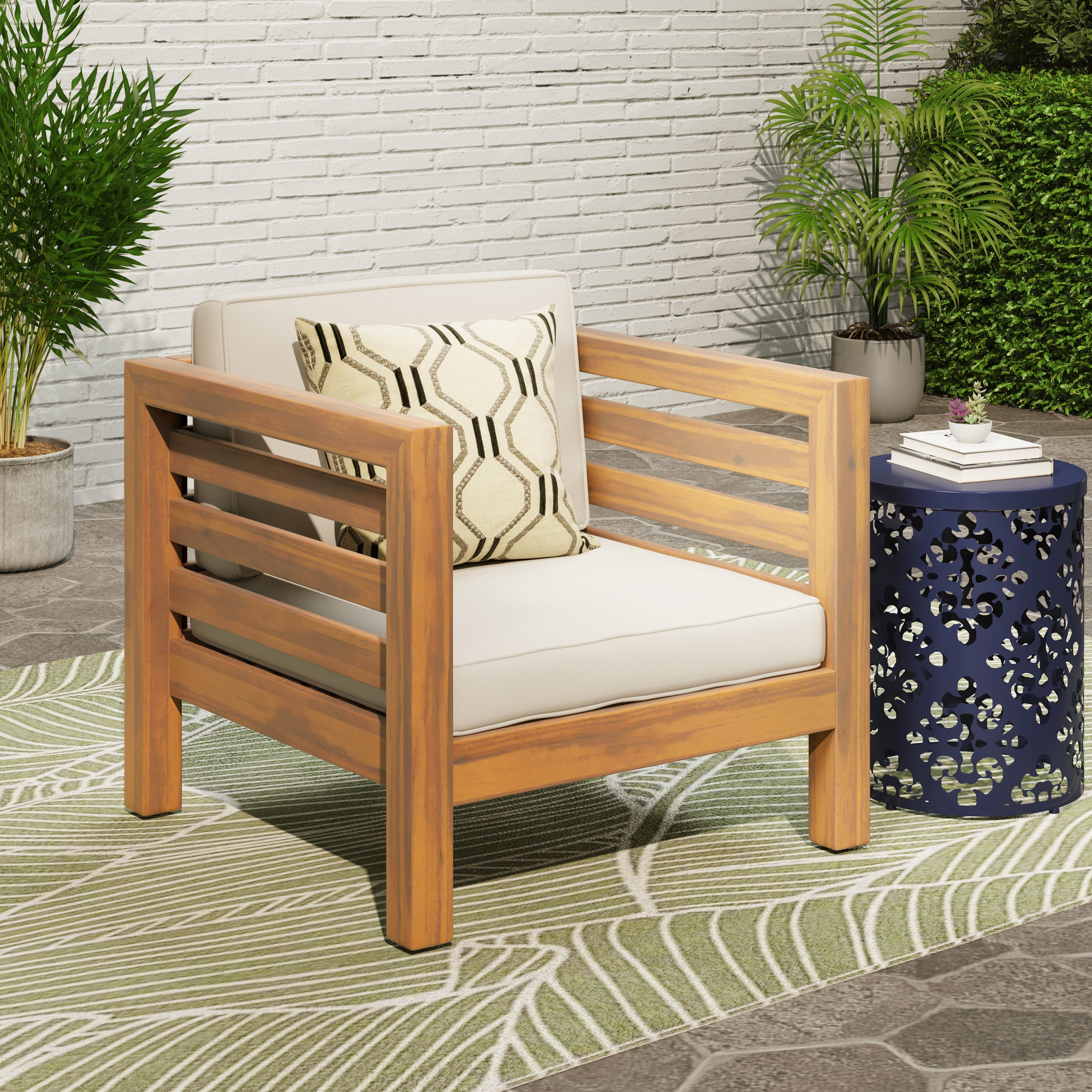 Oana Outdoor Acacia Wood Club Chair with Cushion