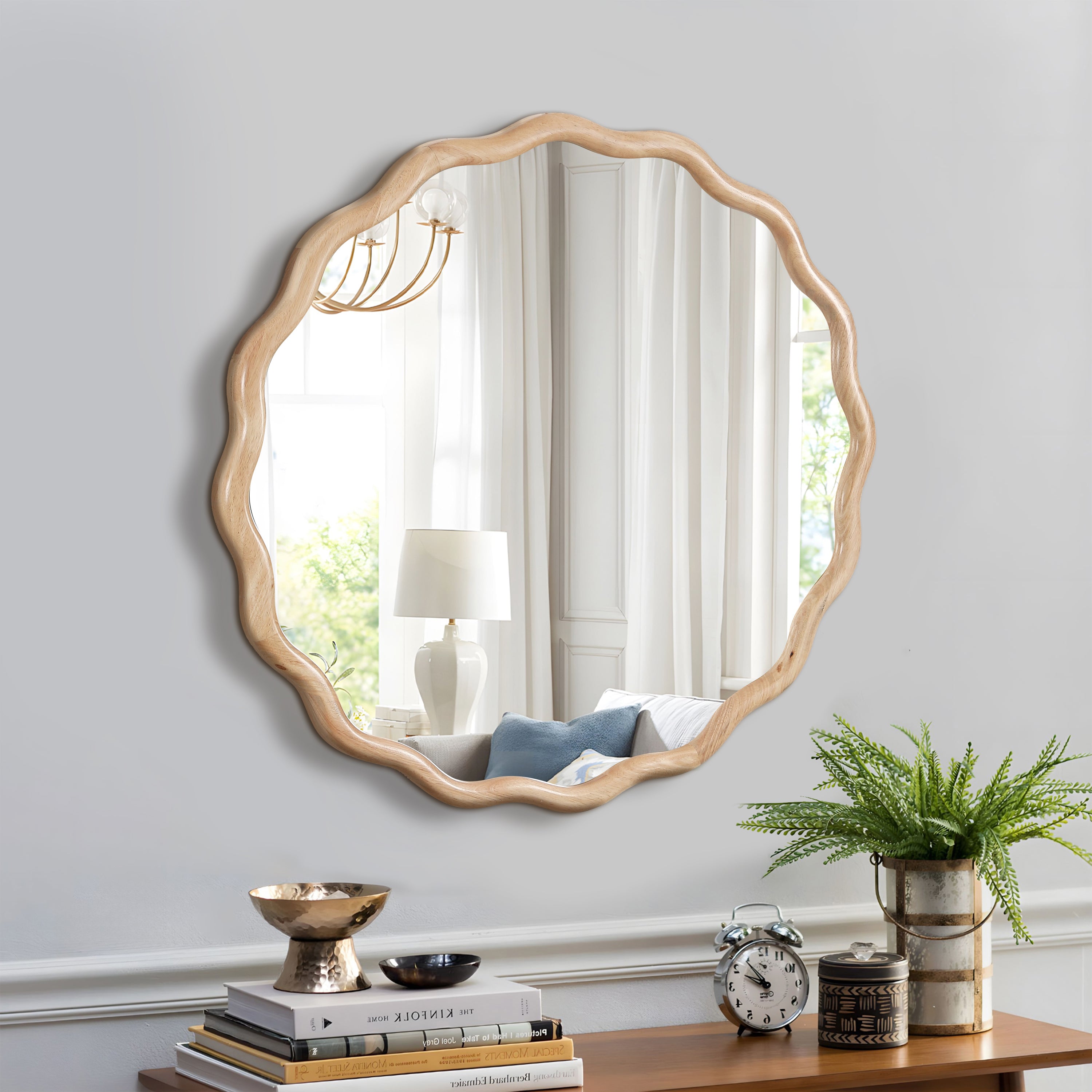 Honoredd 36" x 36" Round Wall Mirror with Exquisite Wave Wood Frame