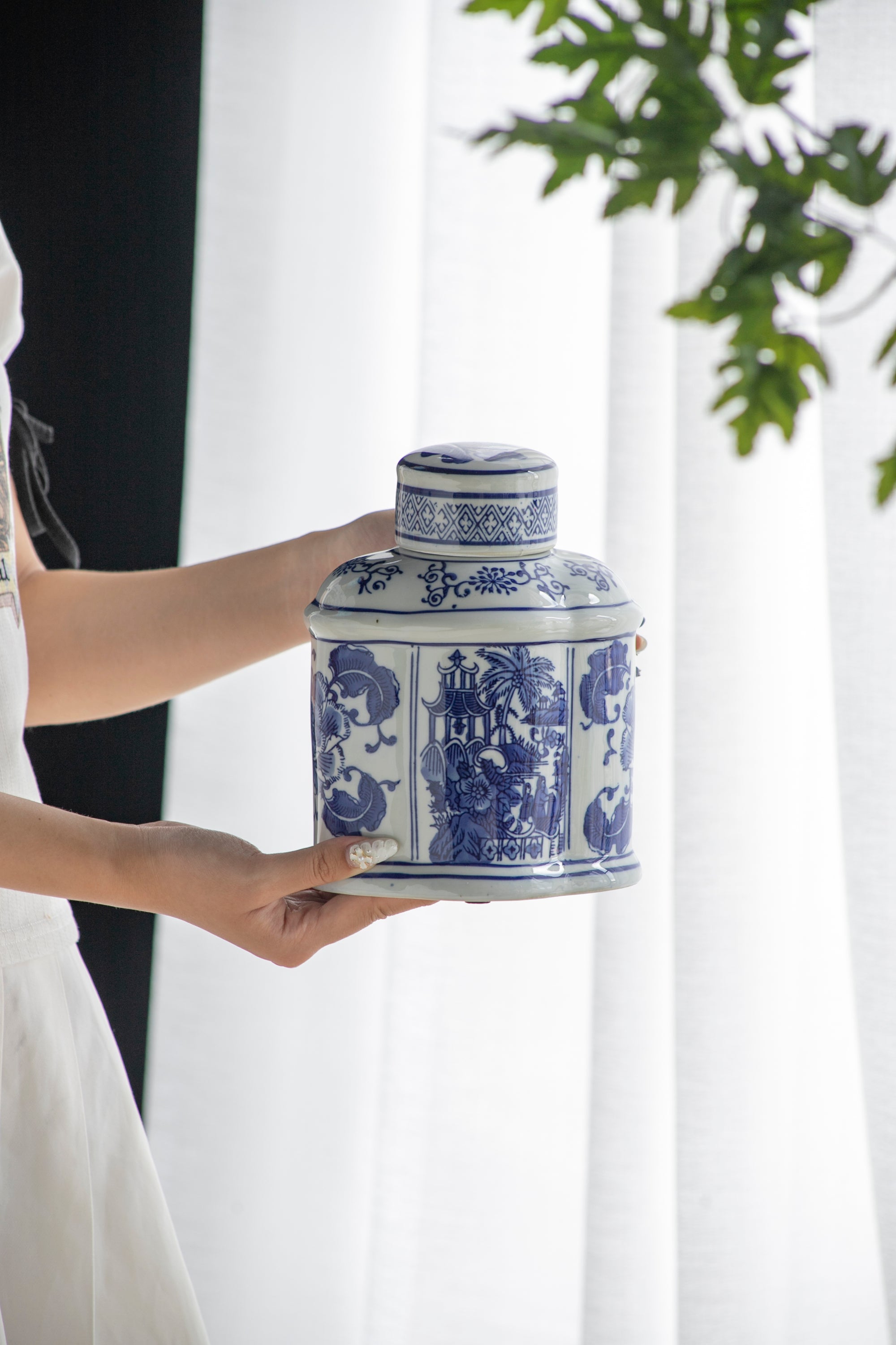 Ren Blue and White Chinoiserie Oval Lidded Ginger Jar