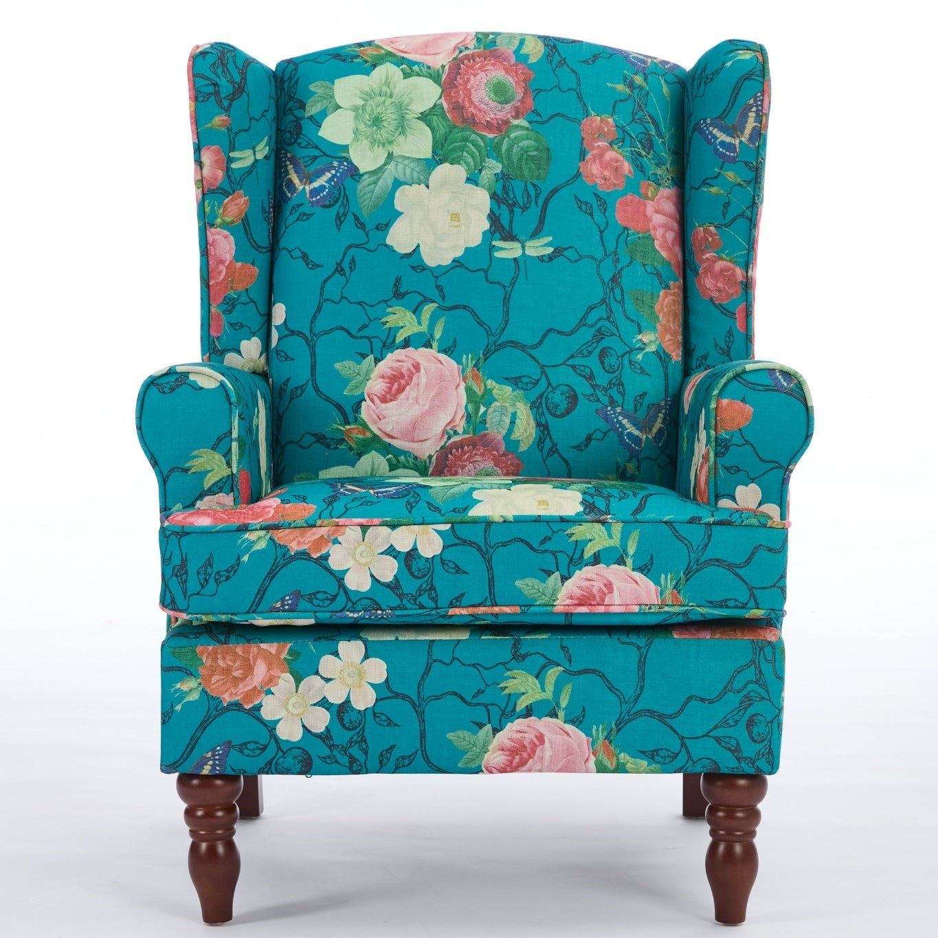 Modern Floral Design Accent Chair with Retro Wood Legs