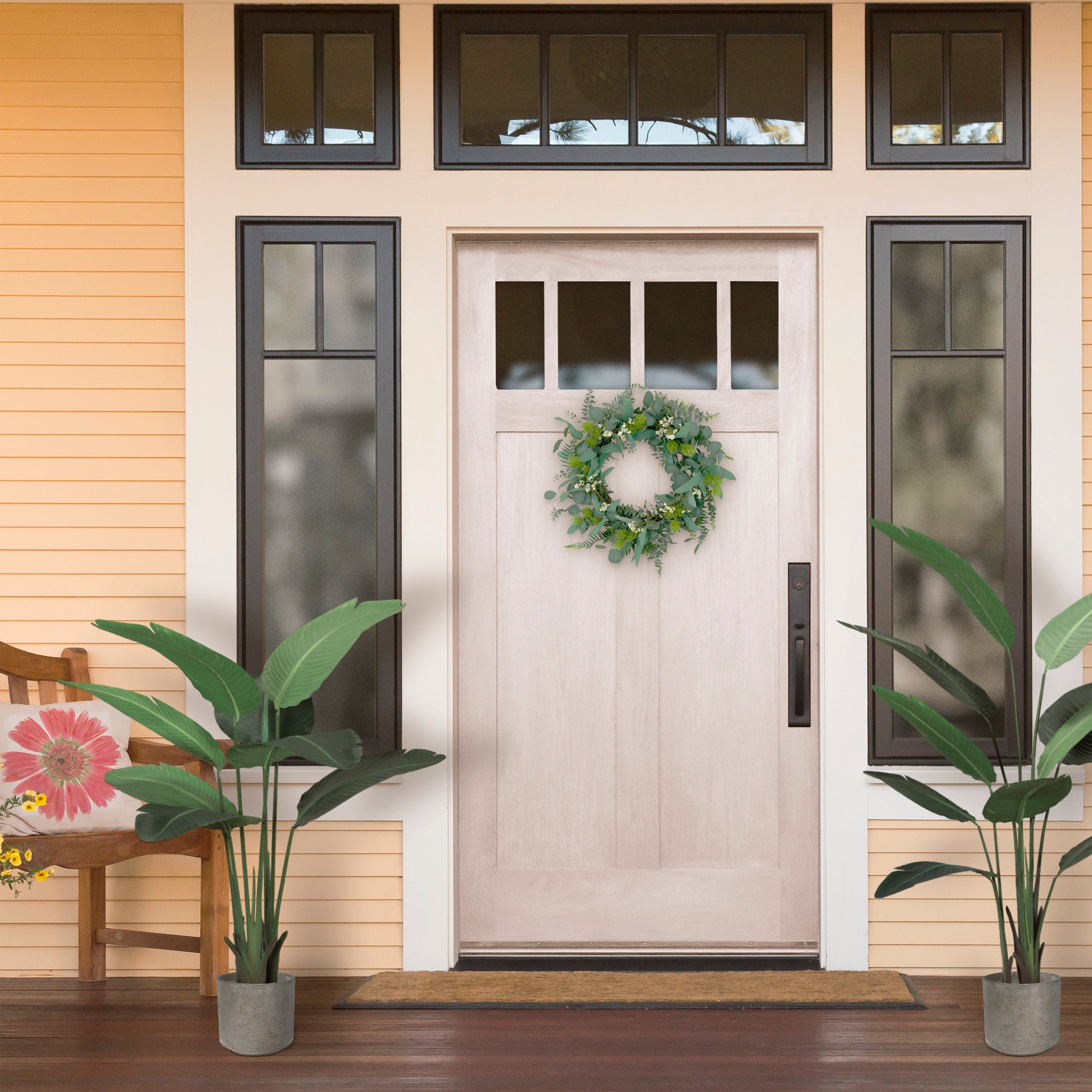 24" Artificial Eucalyptus Green and White Floral Spring Door Wreath