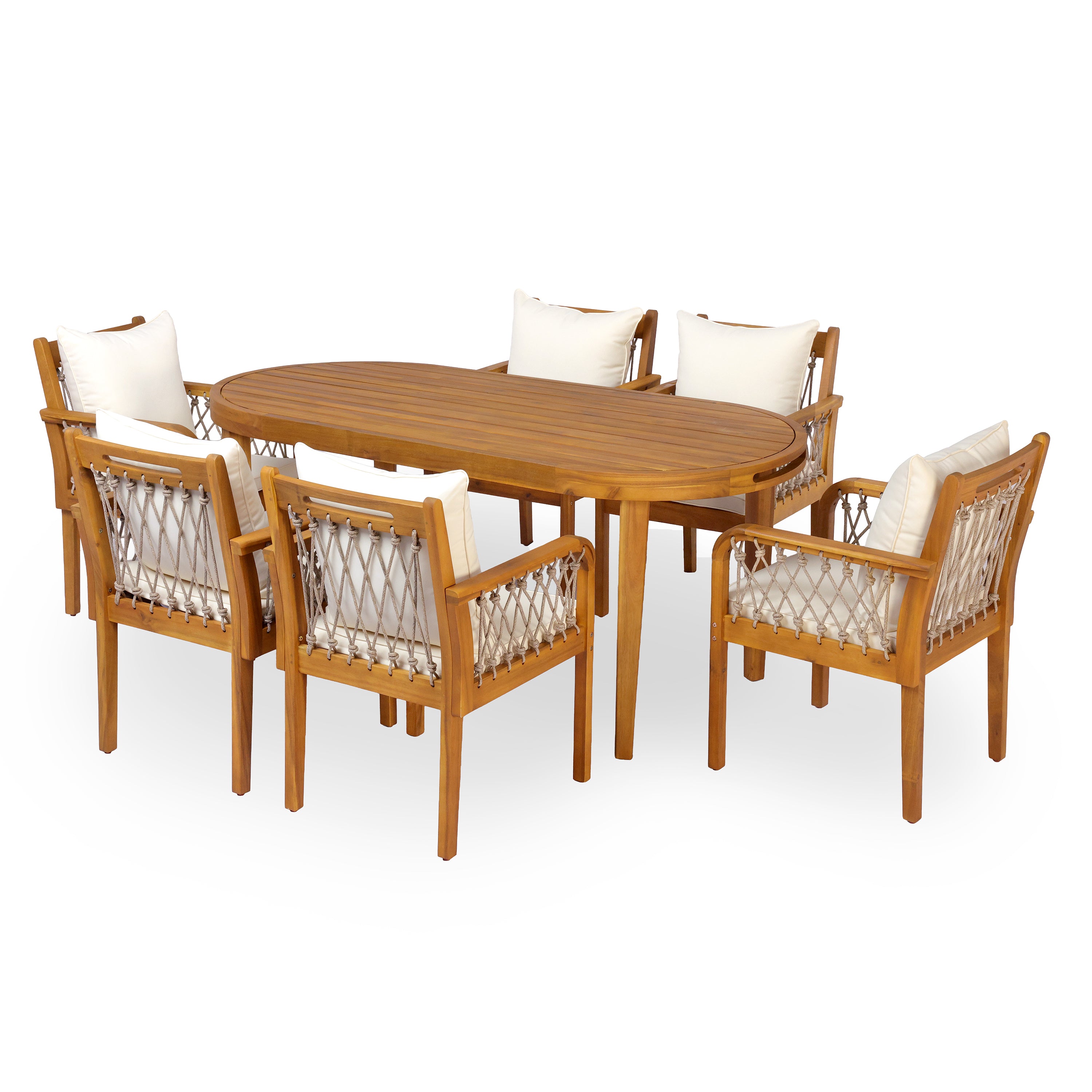 7-Piece Outdoor Acacia Wood Dining Set with Rope-Woven Armchairs