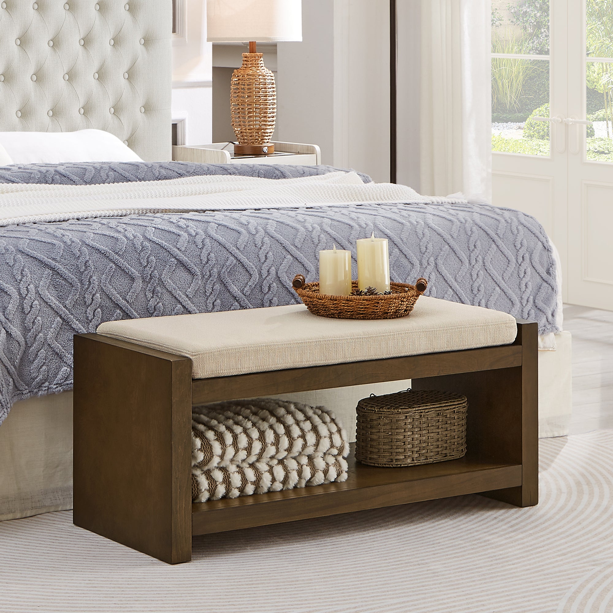 Accent Bench with Lower Shelf Shoe Rack and Padded Seating