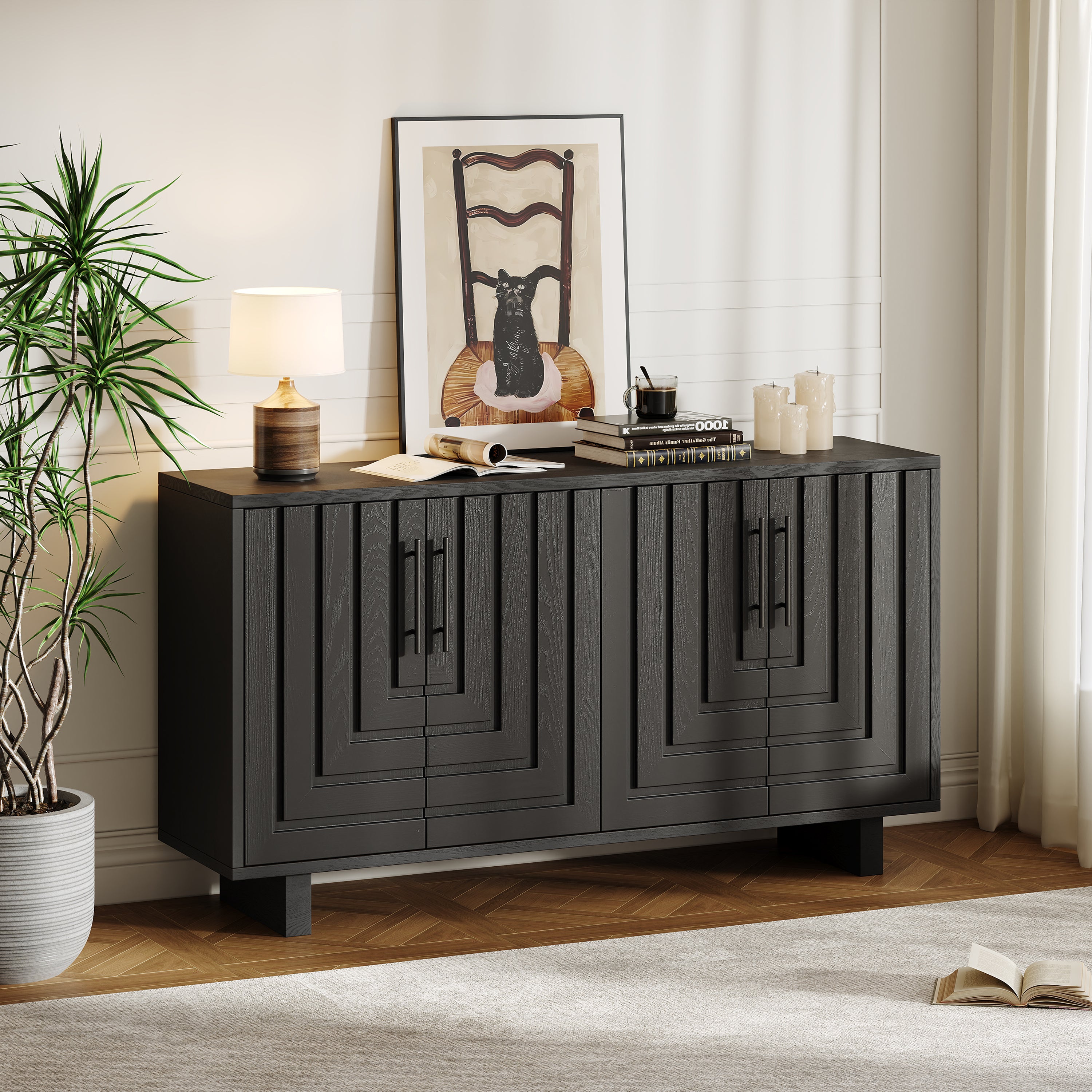 Modern Sideboard Storage Cabinet with 4 Doors & Metal Handles